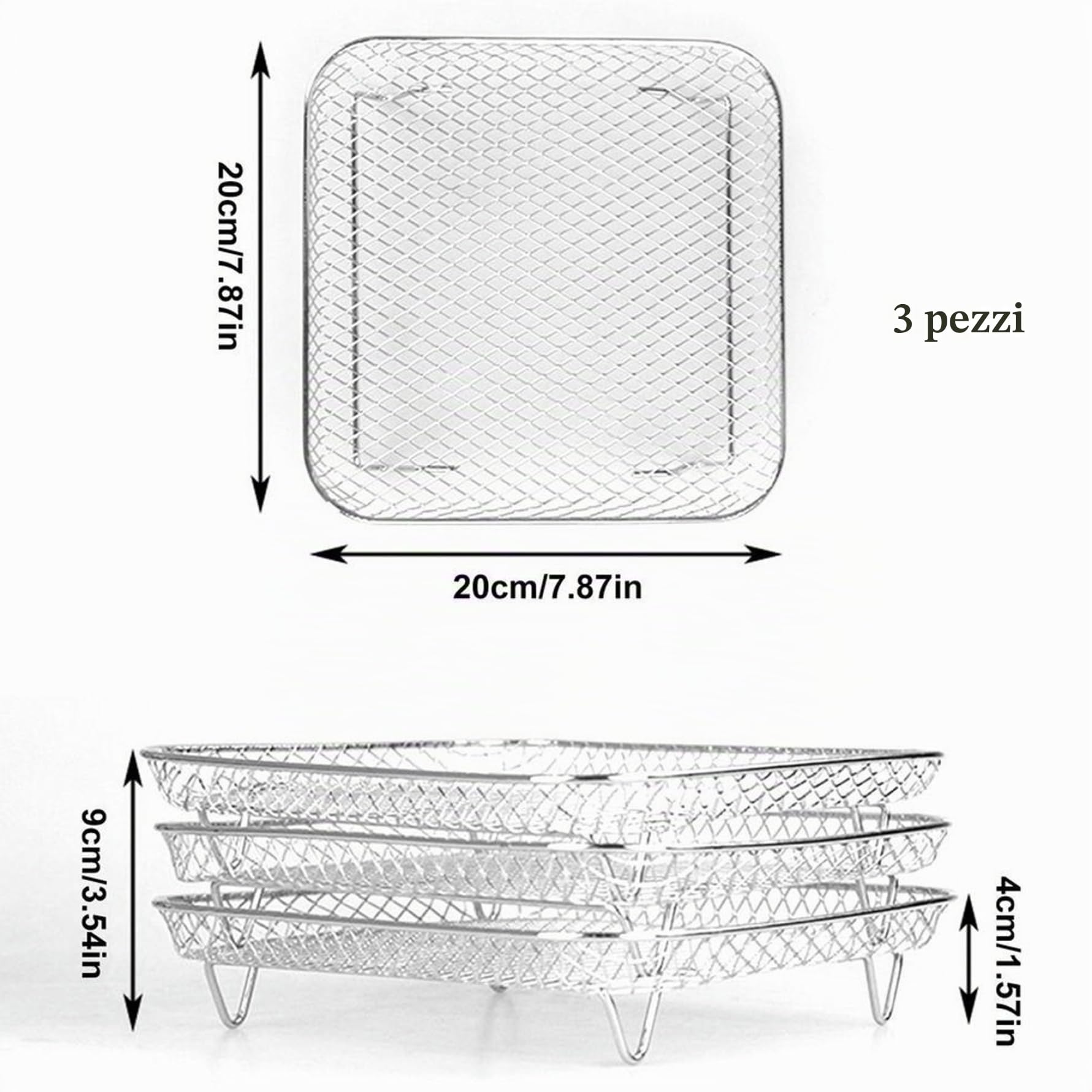 Rack Per Friggitrice Ad Aria 3 Pezzi Impilabile Da 8,27 Pollici Torre Quadrata Cestello Per Friggitrice Ad Aria Cestello Per Griglia in Acciaio Inossidabile Accessori Per Friggitrice Ad Aria Per
