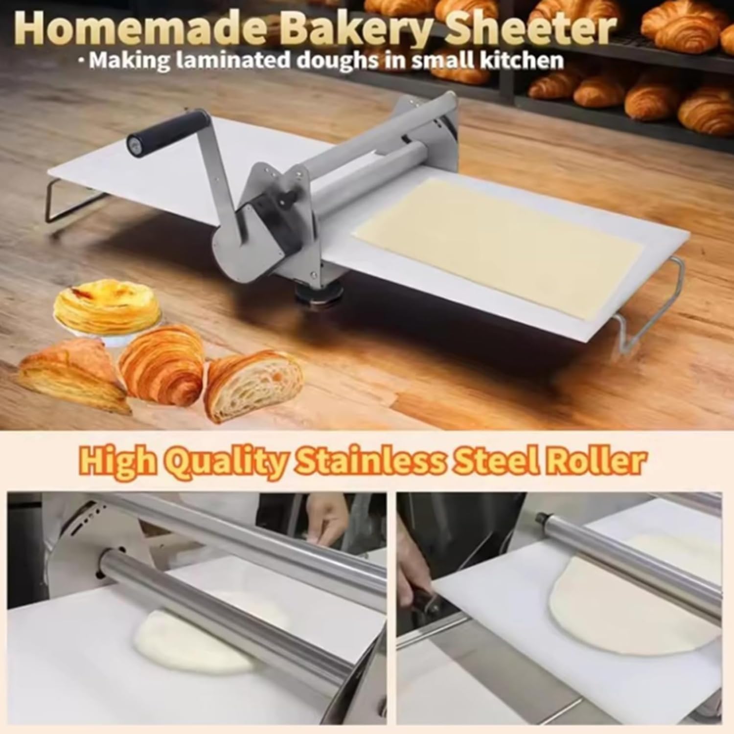 Sfogliatrice manuale con bordo, rullo in acciaio inox per spessore regolabile da 0 a 17,5 mm, perfetto per pizza, panetteria, croissant, pasticceria e fondente