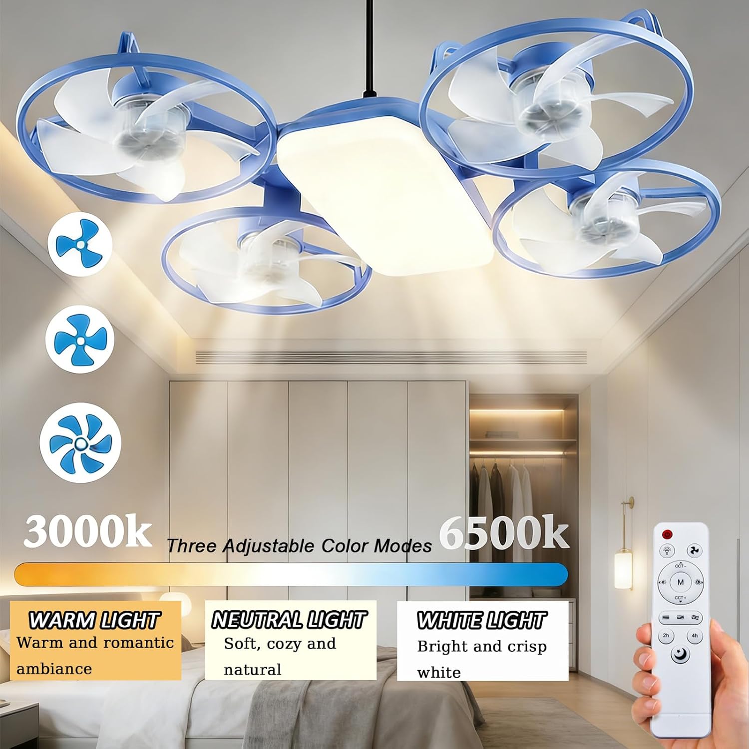 Drone-Style LED Ceiling Fan Light, Modern Lighting & Airflow in One, LED Ceiling Fan Light with Three Adjustable Color Modes, E27 Lamp Socket, Remote Control, Extension Rod, for Home Office (White)