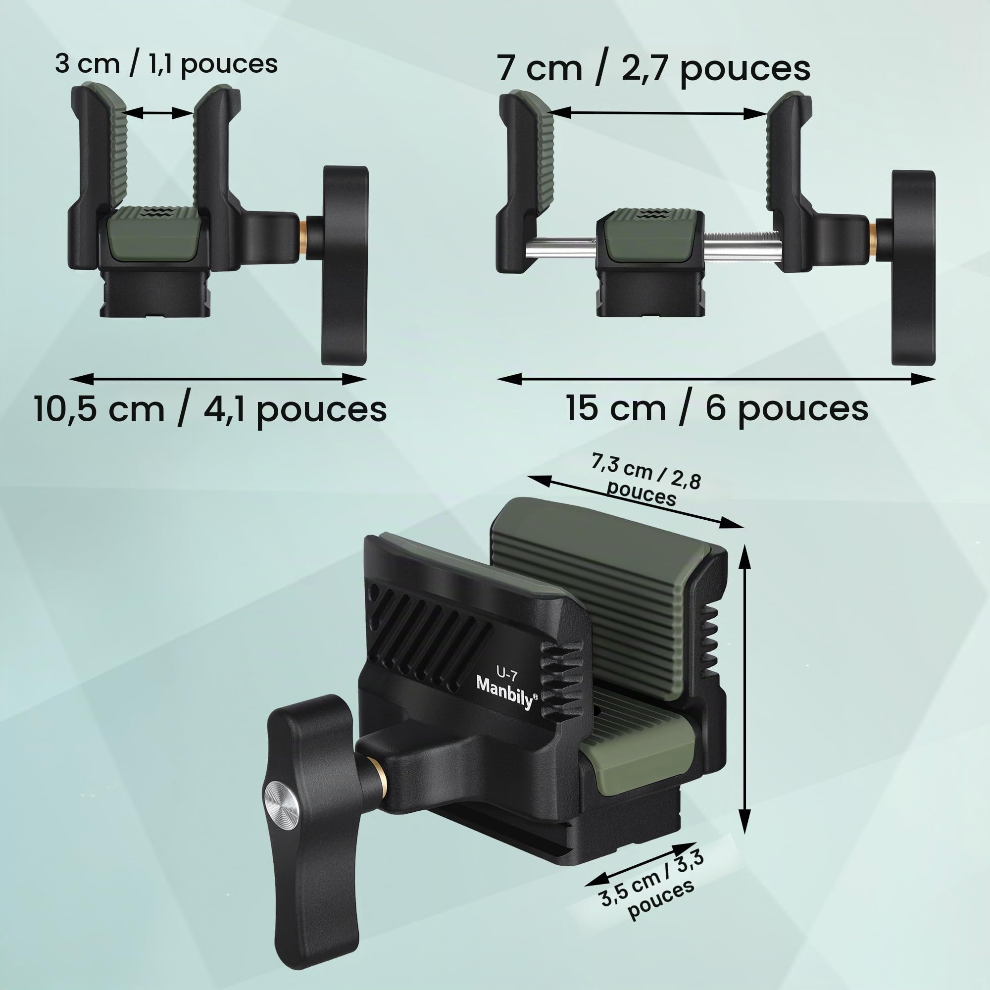 Manbily U-7 Tête de trépied pour trépieds de tir, support universel en alliage d'aluminium, 6,35 mm et 9,5 mm et base compatible Arca-Swiss pour monopodes, vert