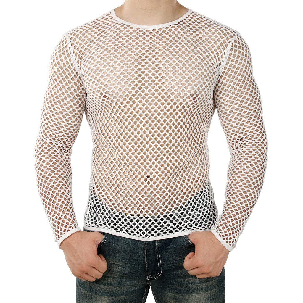 Men's White Mesh See Through Fishnet Shirts Muscle Party Shirt Long Sleeve Crew Neck Casual Clubwear Blouse Undershirt S