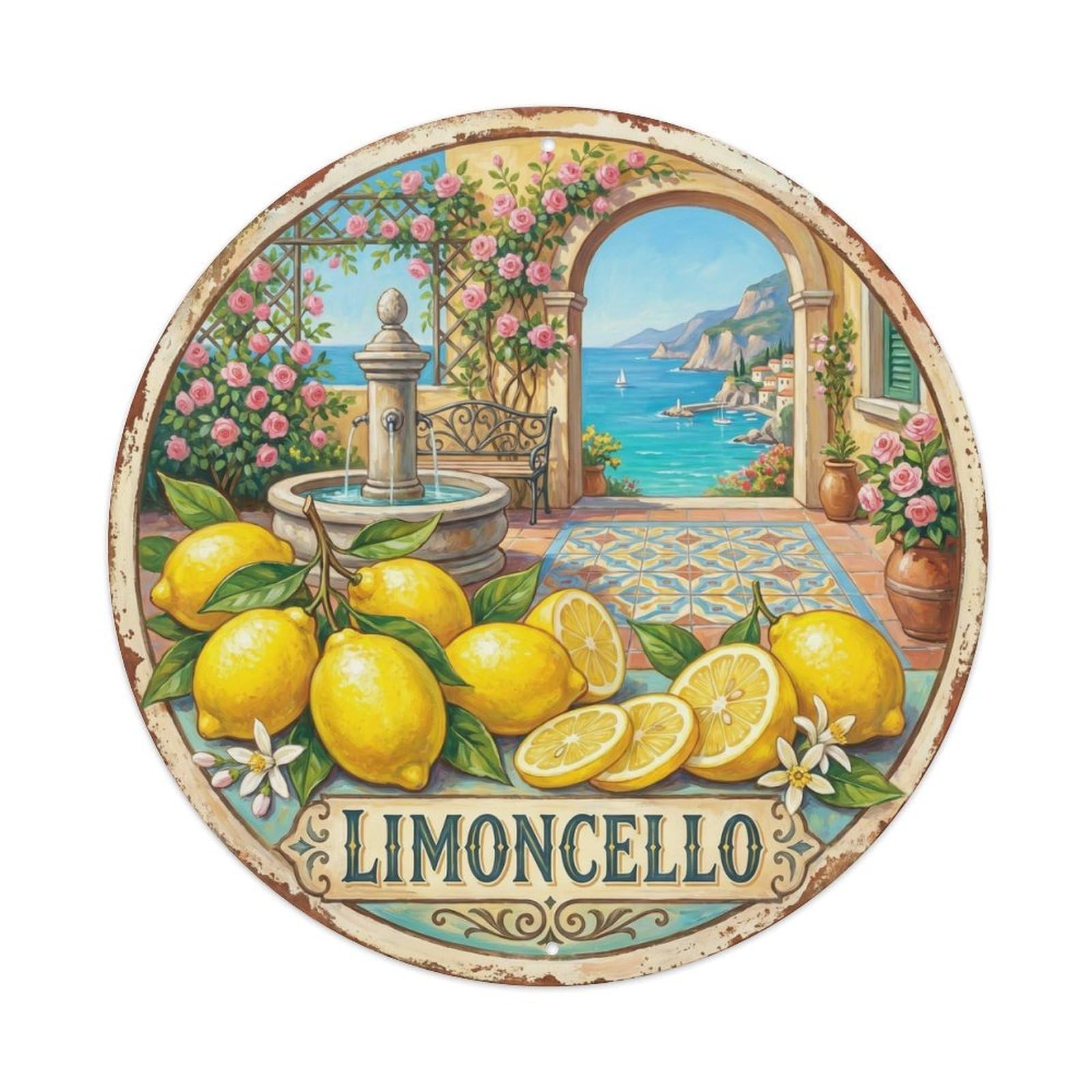 Fresh Limoncello Garden Vintage Metal Tin Sign Plaque Wall Decor for Cafe, Club, Garden Round Metal Poster 8x8Inch