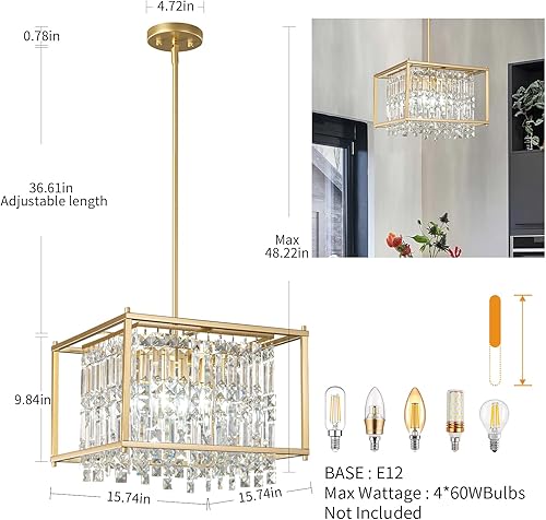 Miniatura 3 de LMQNINE Candelabro moderno para vestíbulo, lámpara colgante de cristal dorado, lámpara colgante de entrada, candelabros cuadrados de altura