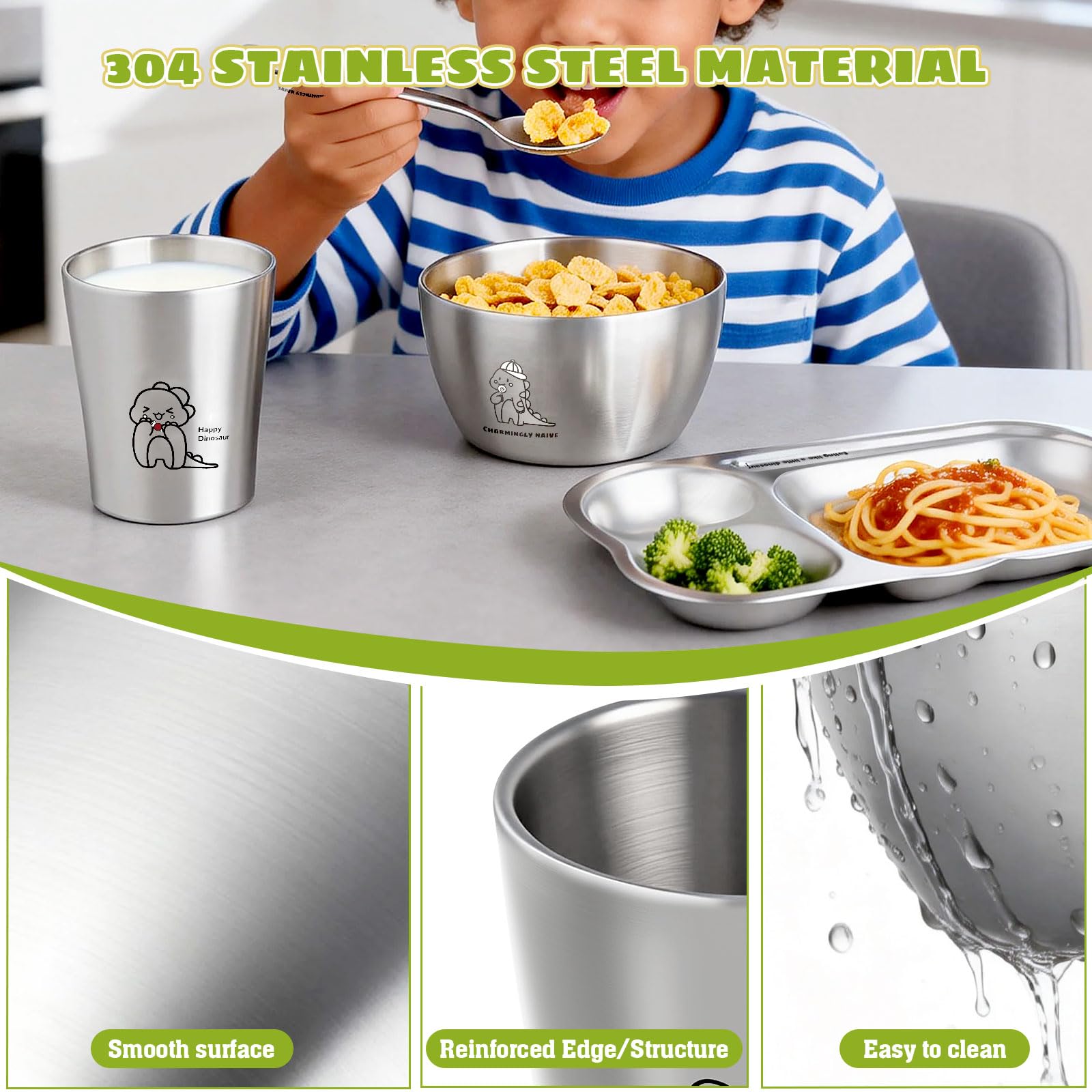 Greentainer Edelstahl Baby Geschirrset, Kindergeschirr-Set aus Edelstahl,5-teiliges Mehrweg Geschirr-Set,Becher, Schüssel, Teller, Löffel & Gabel für Kinder