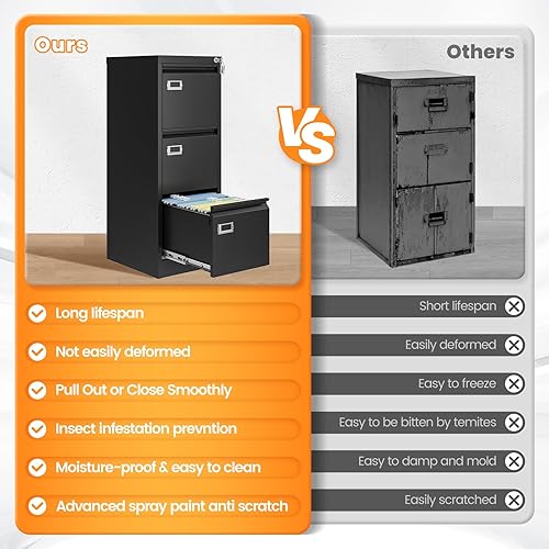 Vista 152 de Archivador de 3 cajones, archivador móvil totalmente ensamblado con cerradura para oficina en casa, caninete de metal con ruedas, cabina de tres