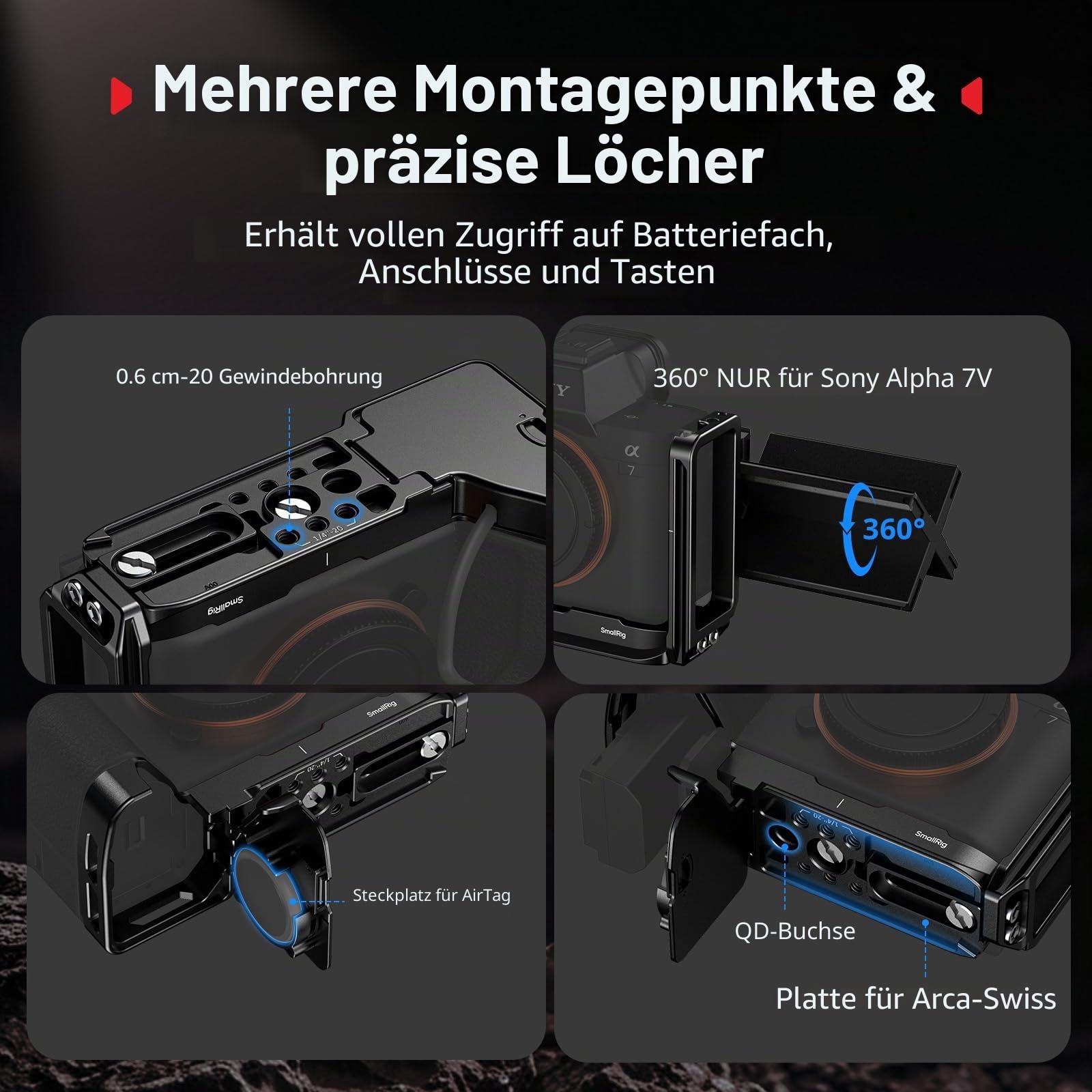 SMALLRIG L-förmige Montageplatte für Sony Alpha 7 V / 7R V / 7 IV, integrierter Slot für AirTag, 24 mm ausziehbare Seitenplatte, Schnellwechselplatte für Arca-Swiss, vertikales und horizontales - 6034