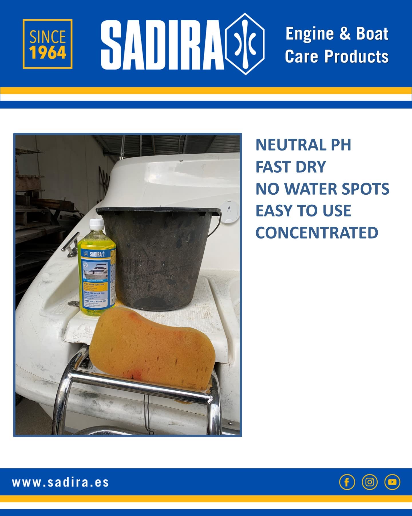 SADIRA Jabón concentrado para embarcaciones 2x1 L. Limpieza impecable y protección duradera contra marcas de cal en cristales y fibra. Accesorio de mantenimiento de barcos de recreo