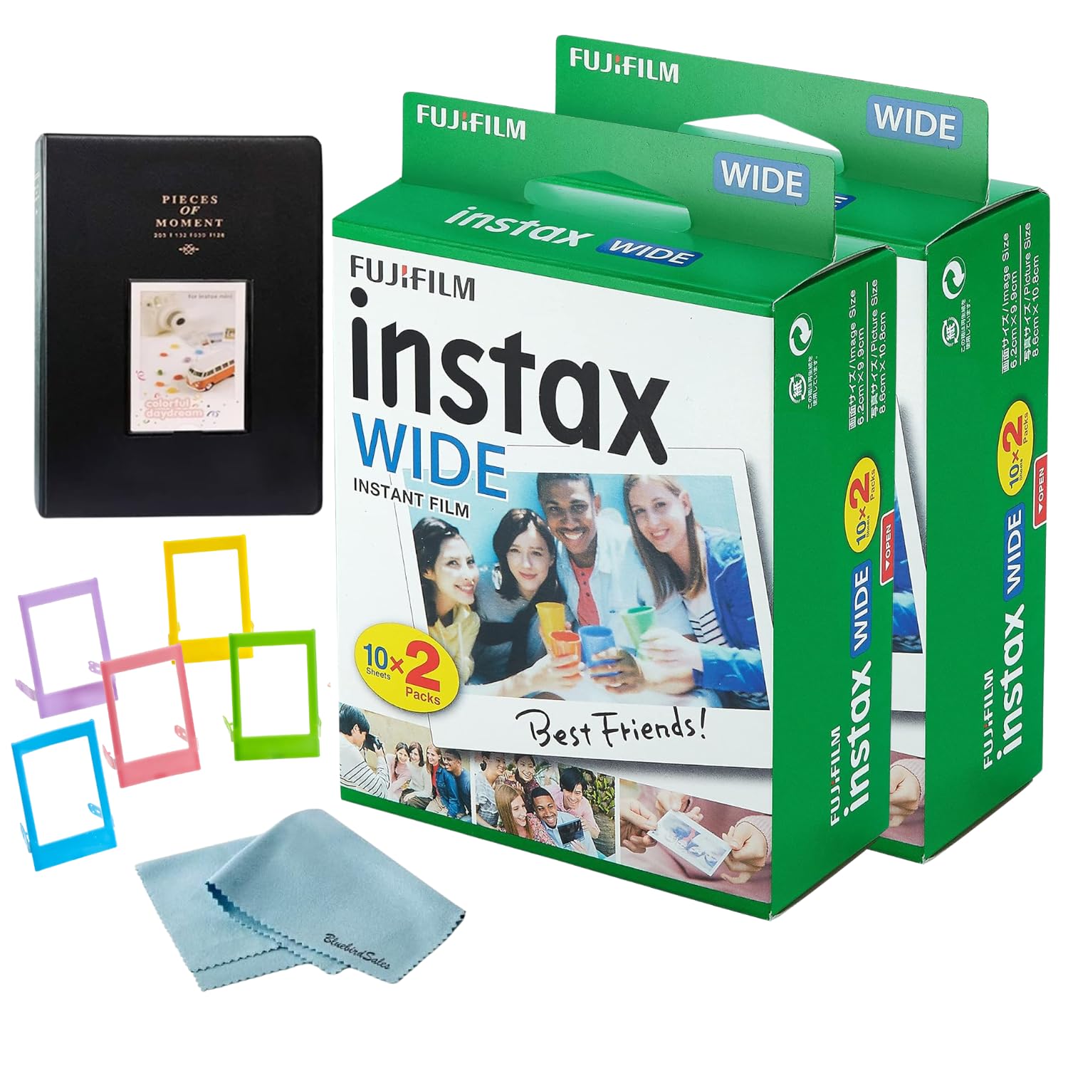 Fujifilm Instax Wide Instant Film (40 Exposures) + BluebirdSales Photo Album + Frames and Microfiber Cleaning Cloth (Pack of 2)
