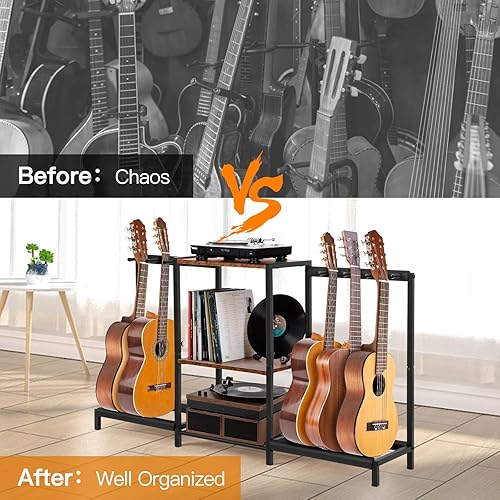 Miniatura 6 de Nisorpa Soporte de guitarra de metal para 8 guitarras, soporte para guitarra de piso con estante de almacenamiento de madera de 3 niveles, estante