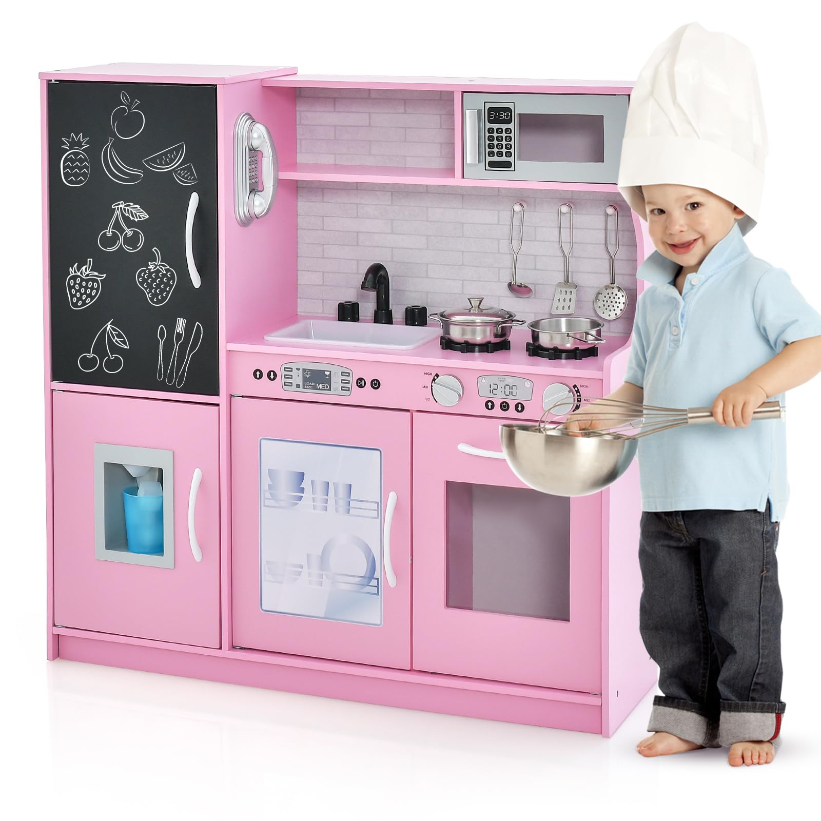 GOPLUS Cuisine en Bois Enfant avec Effet Sonore, Jouet de Cuisine Enfantavec Tableau Noir et 6 Compartiments de Rangement, Télephone, Accessoires Riches, pour Garçon Filles 3-6 Ans (Rose)