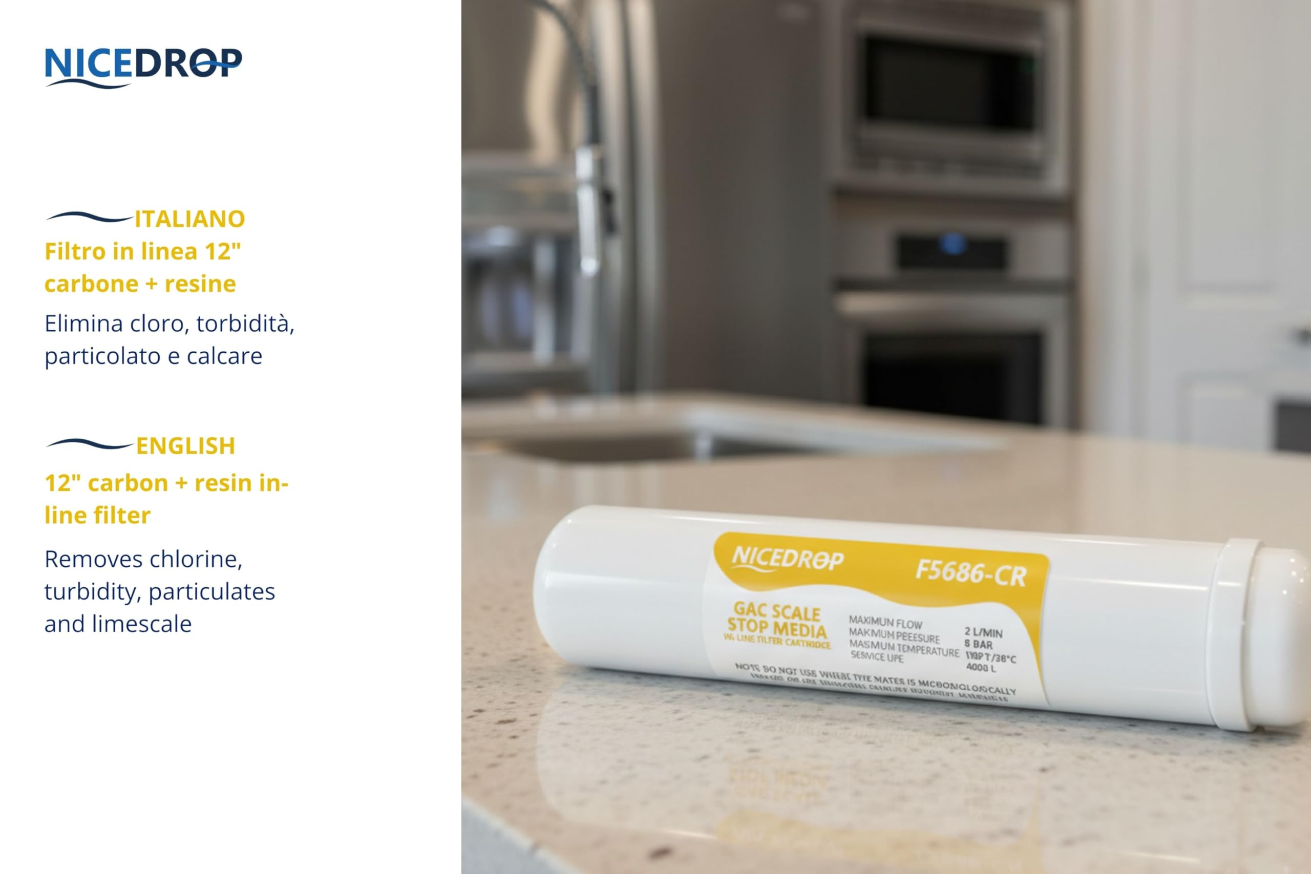Filtro in Linea 12" Carbone + Resine (F5686-CR) – Attacco 1/4" – Alta Qualità – Rimuove Cloro, Torbidità, Particolato e Riduce il Calcare – Per Impianti a Osmosi Inversa (6)