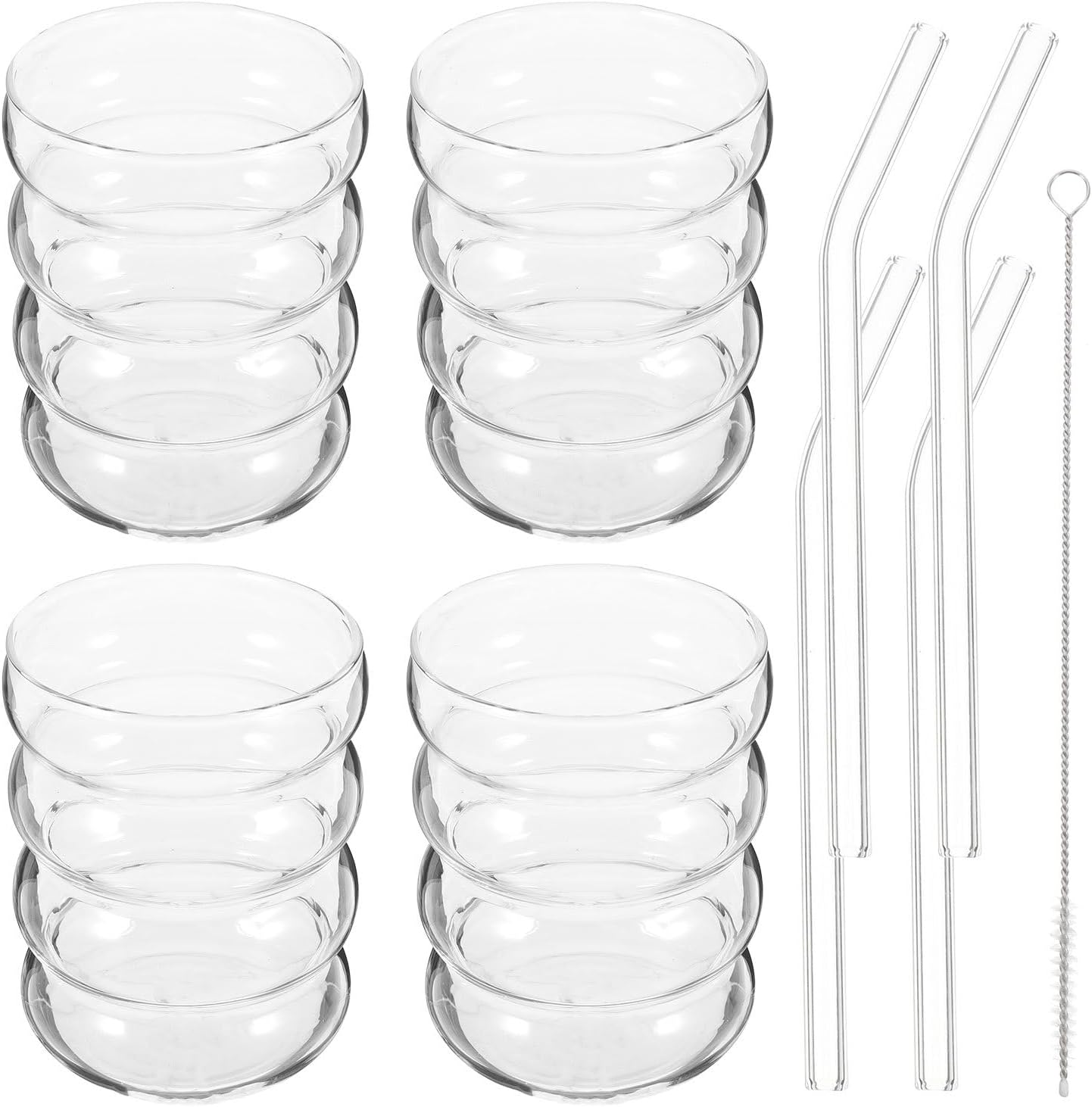 Alipis Ribbed Glass Cups 300ml Set of 4 with Glass Straws and Cleaning Brush for Juice Coffee Water Kitchen Drinkware for Home and Entertaining