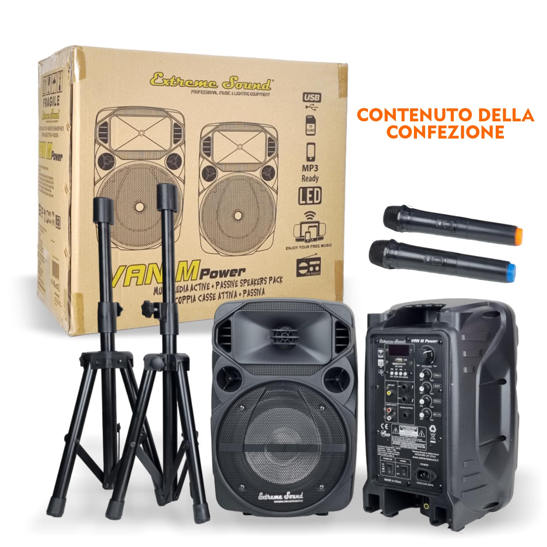 Coppia Casse Attiva + Passiva Con 2 Microfoni Wireless e Bluetooth - MINI KIT Per Karaoke, Per Piccoli Eventi e Feste- 2 Stativi Inclusi - Casse Audio Complete