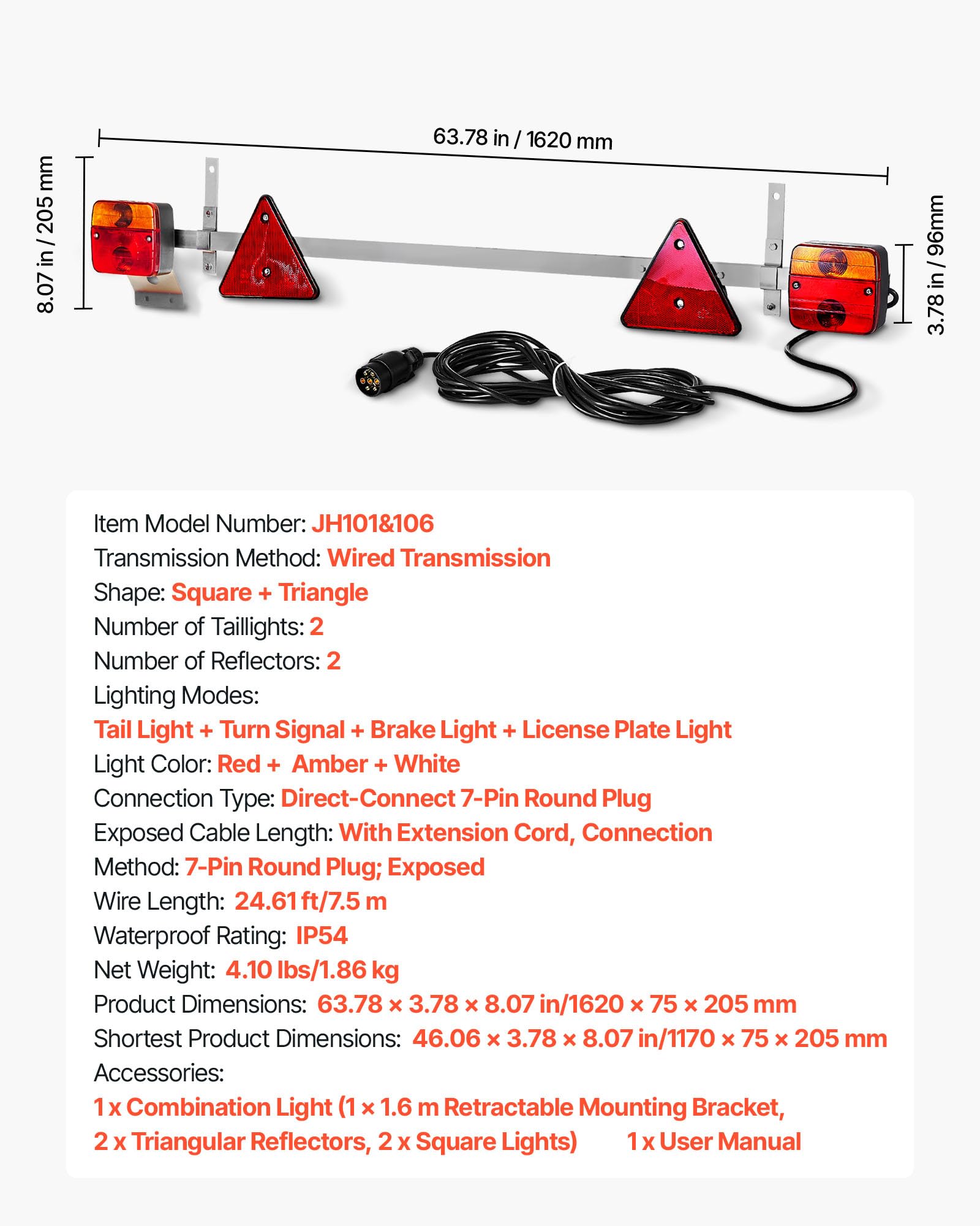 VEVOR Luces de Remolque, con Modos Luz de Freno, Giro, Trasera, Matrícula, Kit de Iluminación Impermeable y a Prueba de Polvo con Arnés de Cableado para Barco y Autocaravana, 1620 x 75 x 205 mm