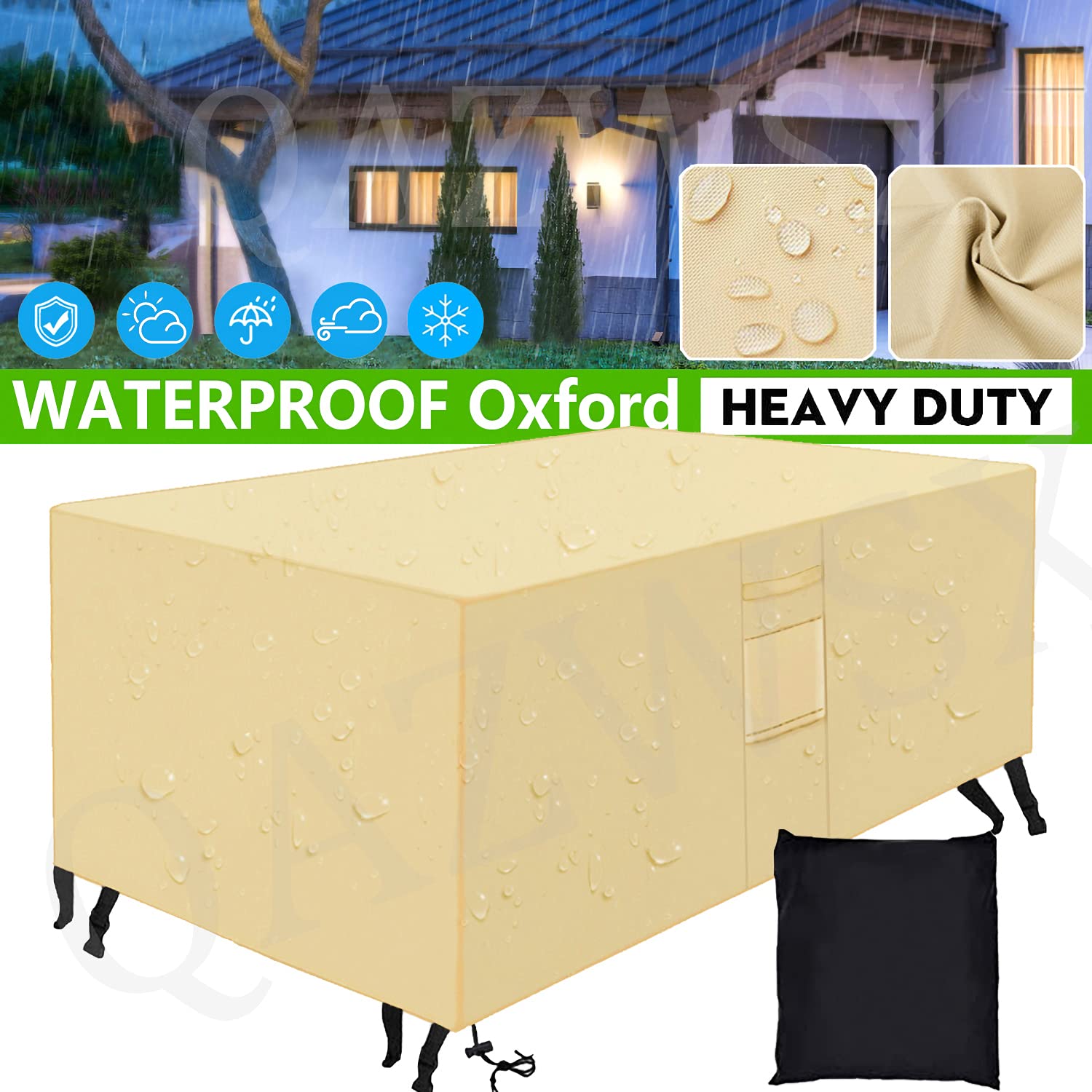 Copertura impermeabile per mobili da giardino in tessuto Oxford 420D, resistente, rettangolare, rettangolare, quadrato, antivento, anti UV, beige, 200 x 160 x 70 cm