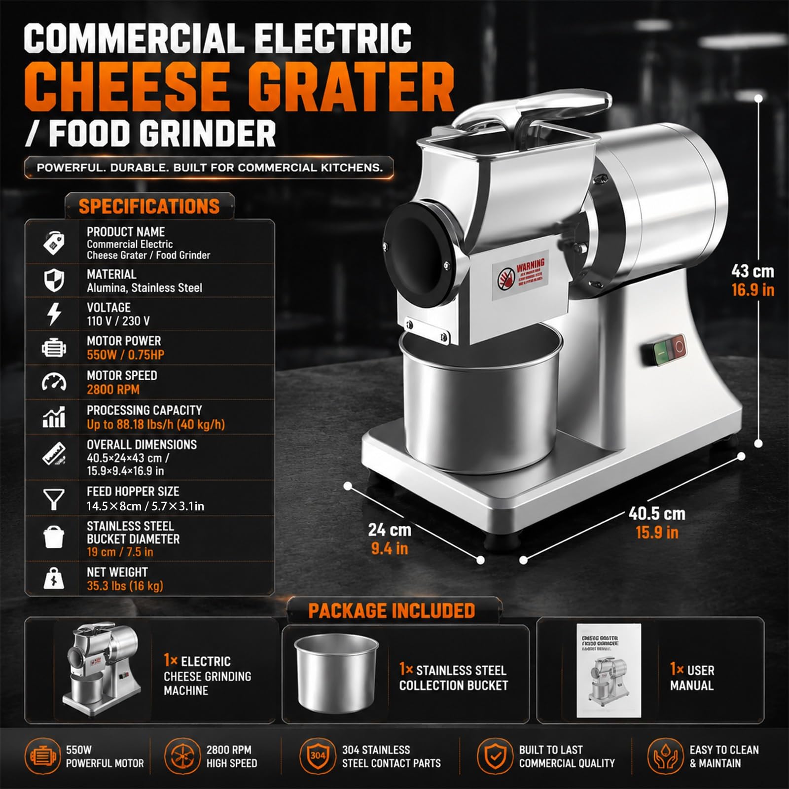 Macina Formaggio Elettrico 40kg/h, Grattugia Inox Pro 550W | Tritatutto Elettrico da Banco 0.75CV con Recipiente in Acciaio Inox & Protezione Integrata per Formaggi & Noci