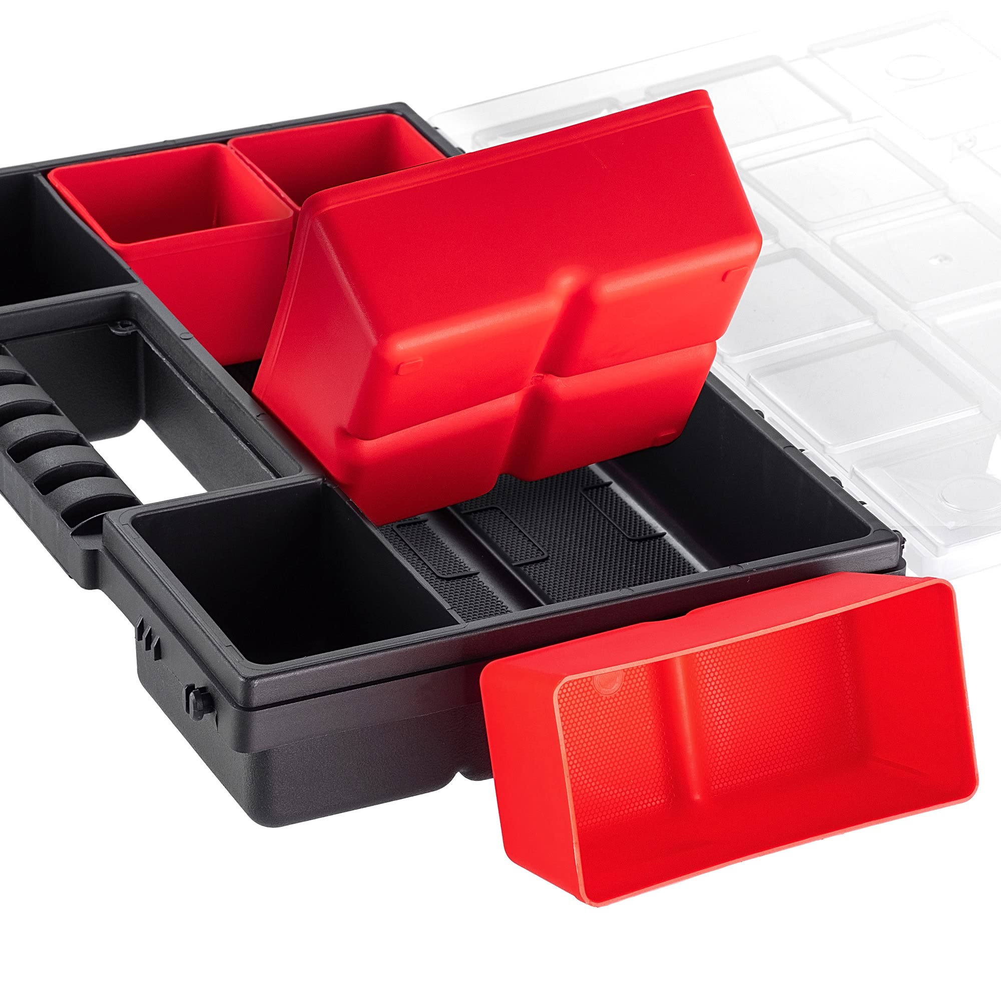 KADAX Organizer con Coperchio Trasparente – Cassetta Porta Minuteria a Scomparti per Viti, Bulloni, Ferramenta, Officina e Garage – Plastica Resistente (28 x 18 cm, 12 Pezzi)