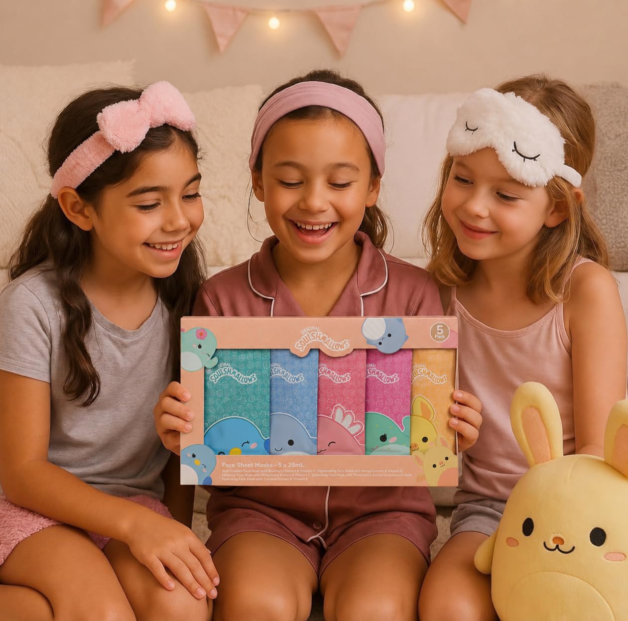 5-częściowy zestaw maseczek do twarzy Squishmallows - kokos, truskawka, mango, jagoda i arbuz, idealne na nocowanie dla dziewcząt lub zabawne piżamy.