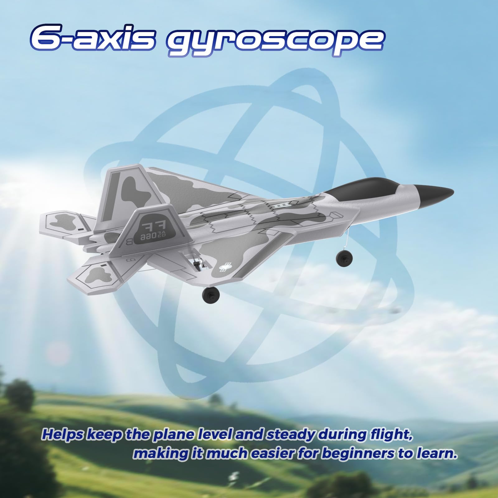CKYSCHN Aereo radiocomandato F22 - Aereo da combattimento RC a 4 canali per principianti adulti con luci, 2,4 GHz 6 assi Gyro Stabilizzatore RTF RC Aircraft con 2 batterie
