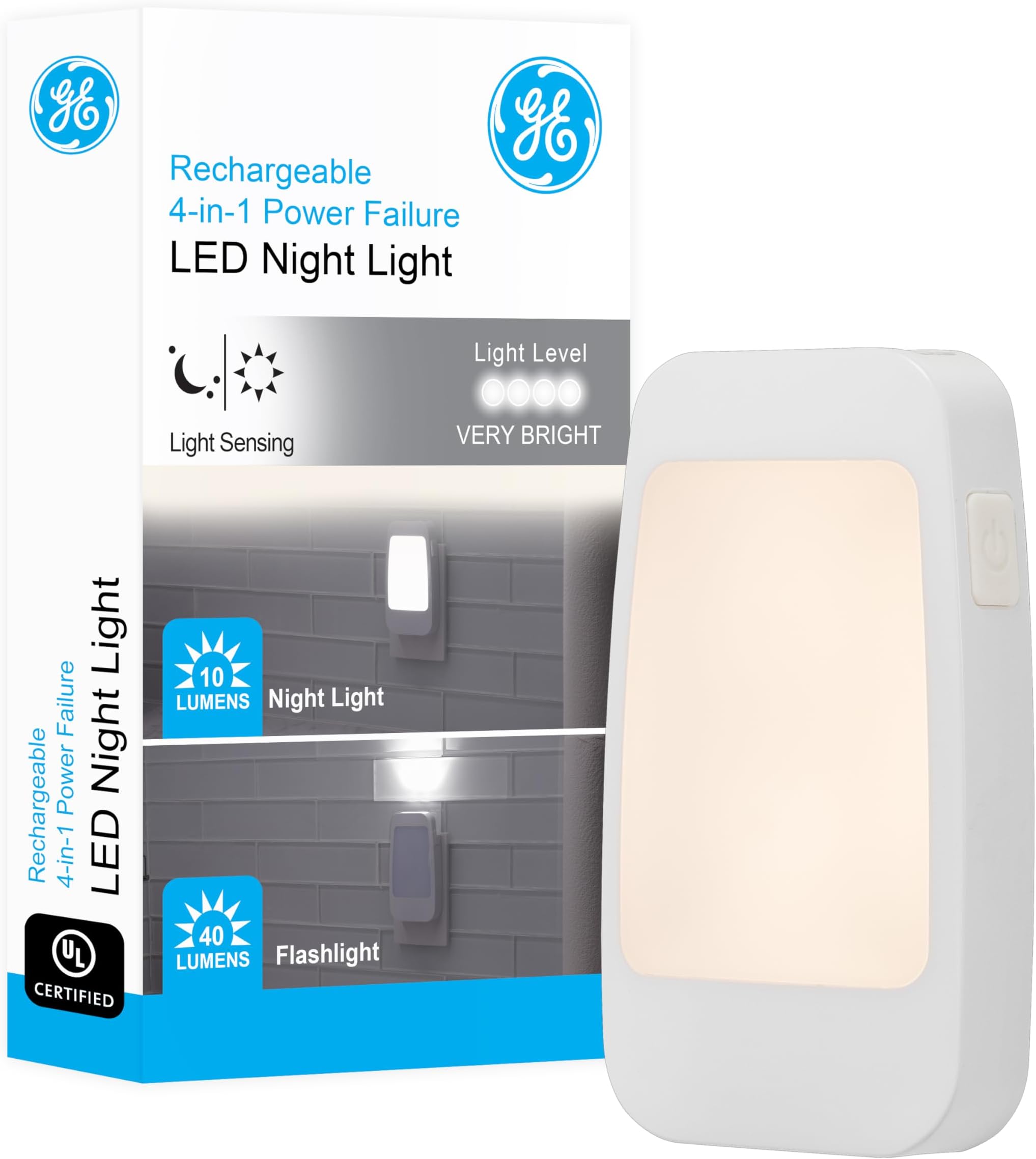 GE Dusk-to-Dawn Sensor, Foldable Plug, Portable, Flashlight, Table Top, Ideal for Storm, Outage, Emergency, Blackout, Hurricane, Tornado, 29679, White | 4-in-1
