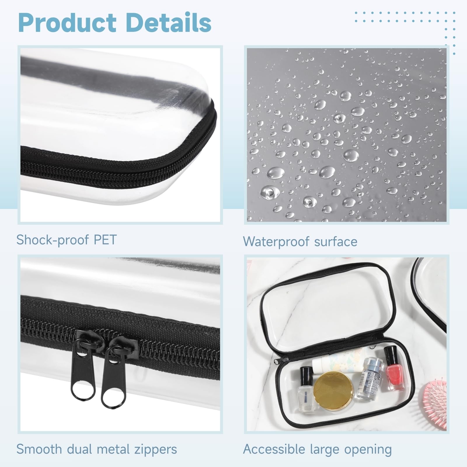 Set di custodie rigide trasparenti con cerniera, 3 misure, impermeabili e organizer per snack, giocattoli e cosmetici