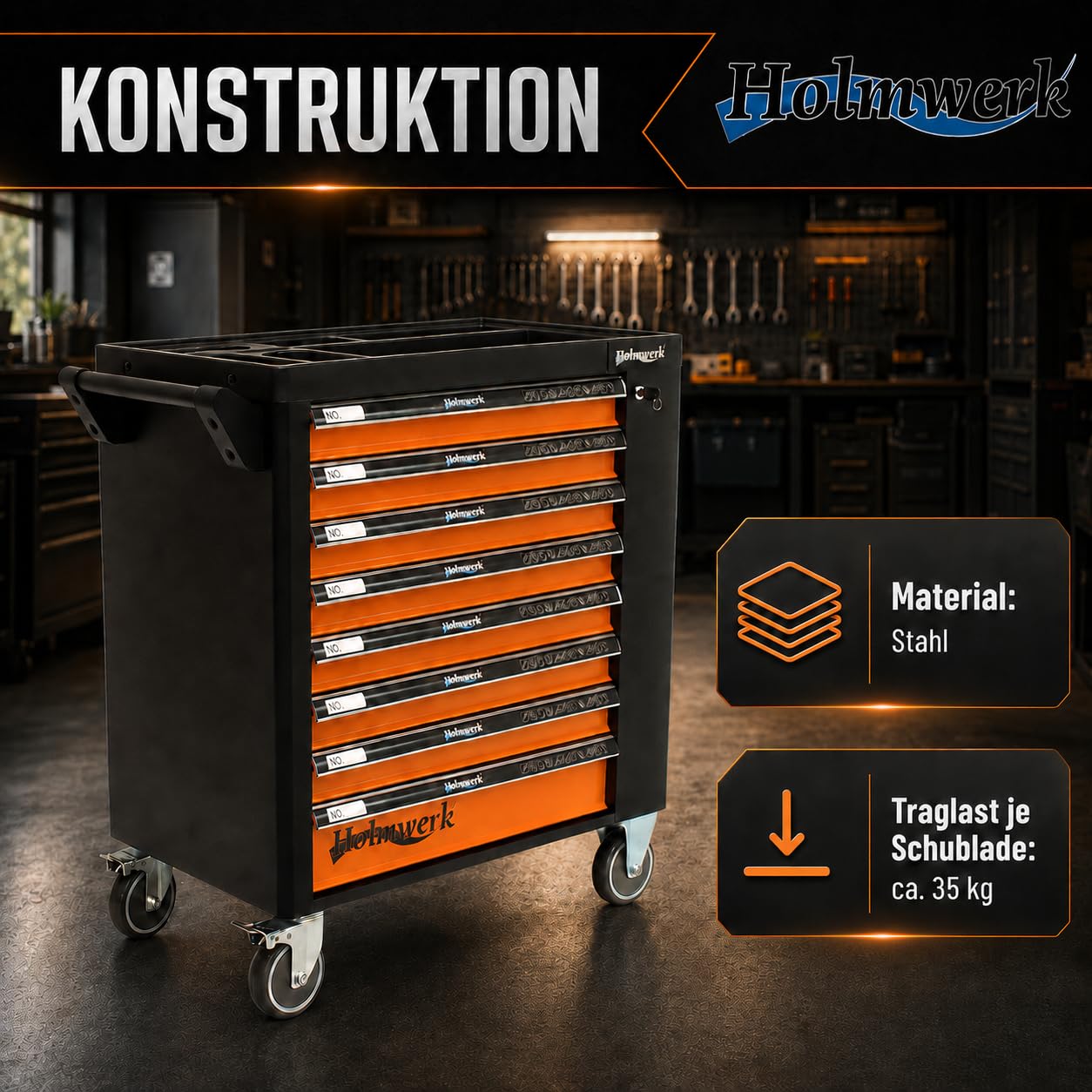 Werkstattwagen leer mit 8 Schubladen und Seitentür, Werkzeugwagen Montagewagen abschließbar mit Vollauszug, ABS-Ablage, 125 mm Rollen, Stahl, Orange Schwarz, für Werkstatt Garage Kfz