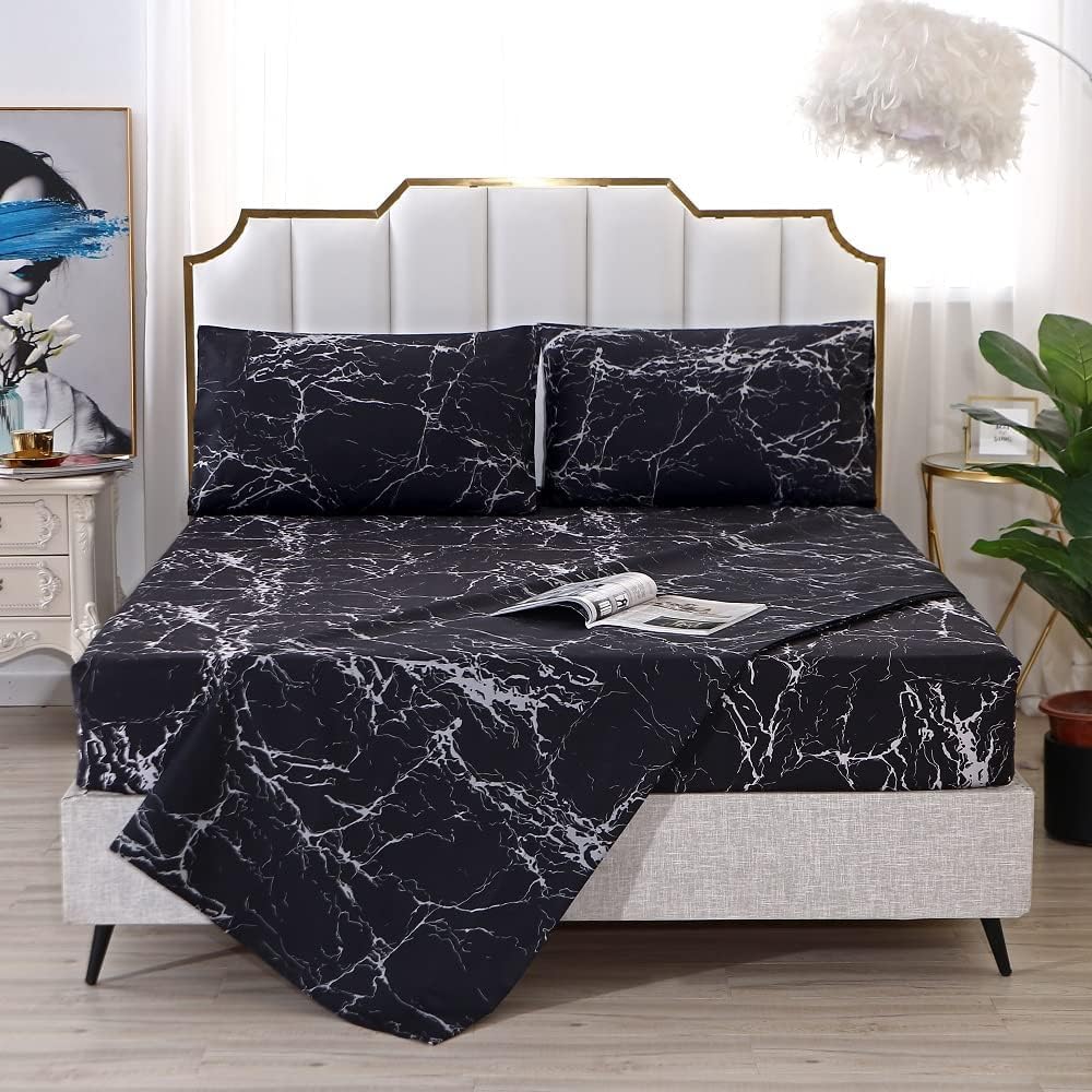 MAG Black Marble, Super Soft Microfiber Bed Sheet 4PC, Marble Bedding Sheet Set Included 1 Fitted Sheet, 1 Flat Sheet with 2 Pillowcases, 14 Inches