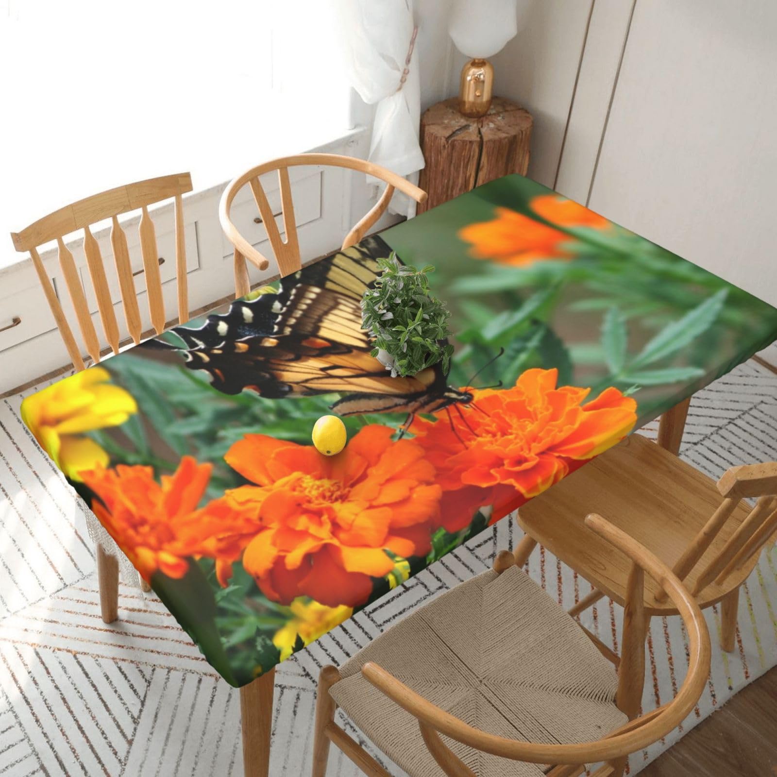 DCEHGEW Elastic Fitted Rectangle Tablecloth for 5ft Tables, Butterfly Printed Oilproof & Washable Fabric Picnic Table Cloth Table Covers