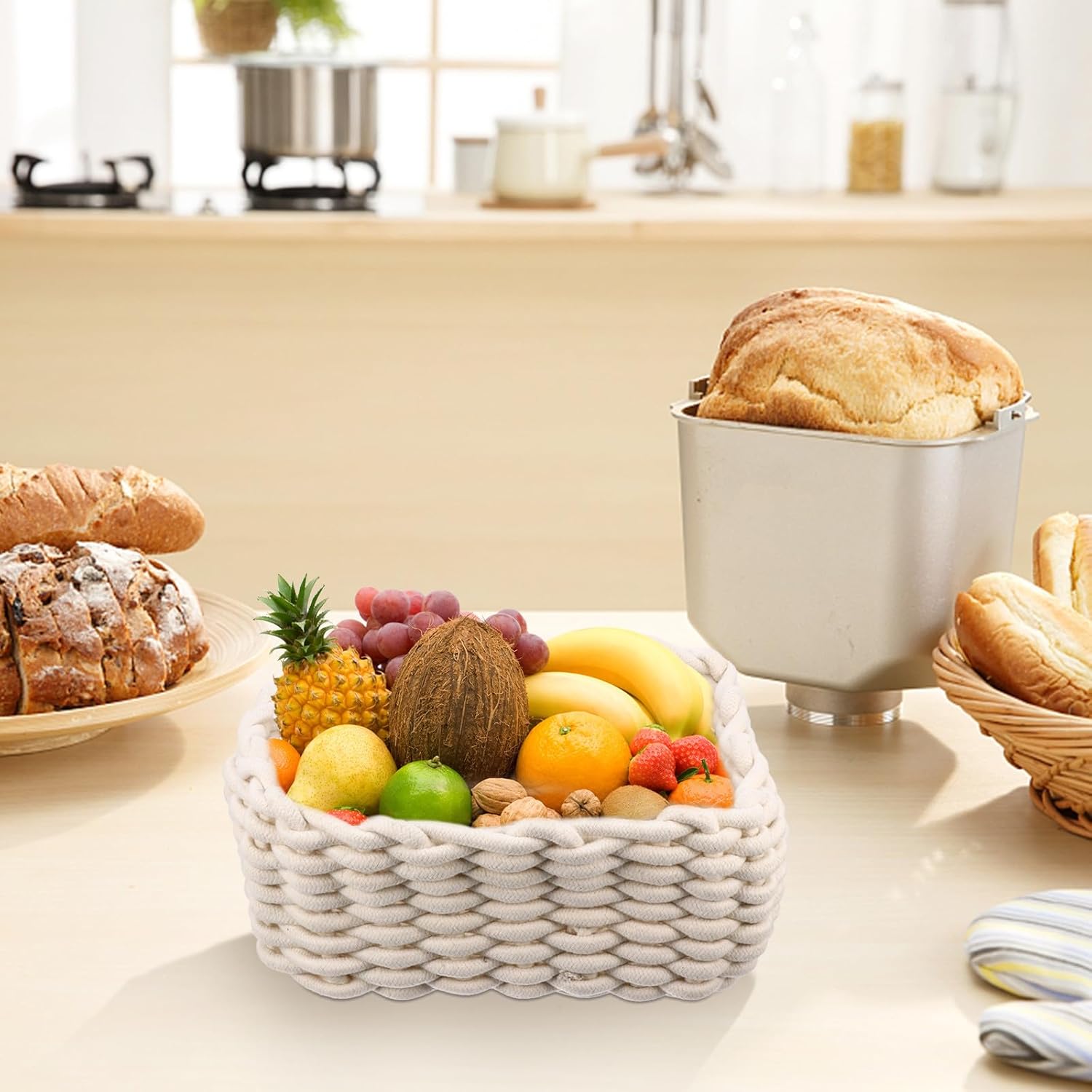 SUPVOX 2pcs Cotton Woven Storage Basket Bin with Handles for Snack, and Sundries Organization, Handwoven Desktop Storage Container for Home and Office