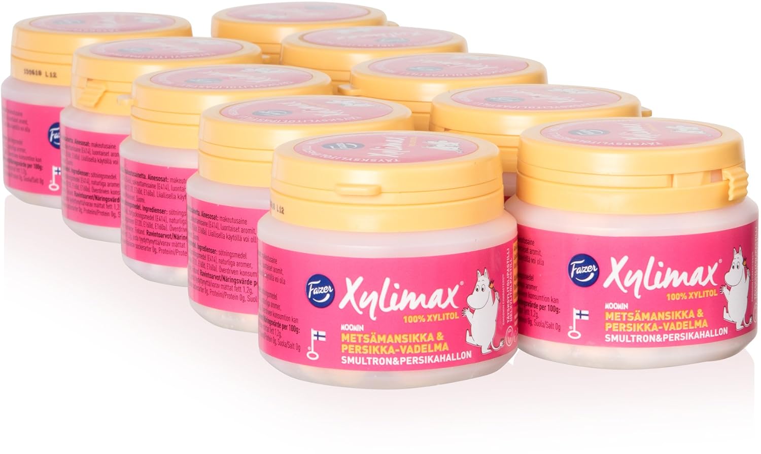 10 Jars x 90 g of Fazer Xylimax Moomin Wild Strawberry - Peach - Raspberry - 100% Xylitol - Pastilles - Dragees - Drops