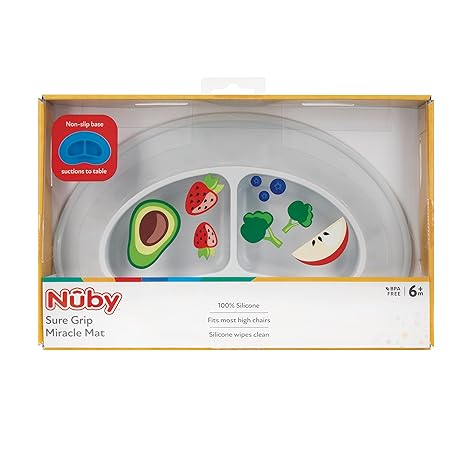 The Nuby Sure Grip Miracle Mat is a highly-recommended feeding accessory designed to make mealtime less messy and more enjoyable for babies and toddlers. This mat is made from BPA-free materials, ensuring the safety of your little one.

Specifically designed for children aged 6 months and above, the Nuby Sure Grip Miracle Mat features a unique non-slip base that firmly adheres to most flat surfaces, such as high chairs or tables. This prevents the mat from moving or tipping over during meals, reducing spills and food wastage.

The gray-colored mat is visually appealing and complements any dining area. Its innovative design includes a built-in section to help portion meals, with separate compartments for various food items. This promotes a balanced and organized mealtime experience, allowing your child to develop healthy eating habits.

Not only does the Nuby Sure Grip Miracle Mat keep food in place, but it is also made with your convenience in mind. It is dishwasher-safe, making cleanup a breeze. The mat is made from high-quality, durable silicone, ensuring its longevity and resistance to wear and tear.

This versatile mat is not limited to mealtime alone. It can also be used as a surface protector for arts and crafts or as a play mat to keep your child entertained and engaged. Its lightweight and portable nature make it easy to bring along when dining out or visiting friends and family.

In summary, the Nuby Sure Grip Miracle Mat is a BPA-free feeding mat specifically designed for children aged 6 months and above. Its non-slip base ensures stability during mealtime, reducing spills and messes. The built-in portioning sections promote healthy eating habits, and its gray color adds a touch of style to any dining area. Its versatility and easy cleaning make it a practical choice for both at-home and on-the-go use. Description by ChatGPT.