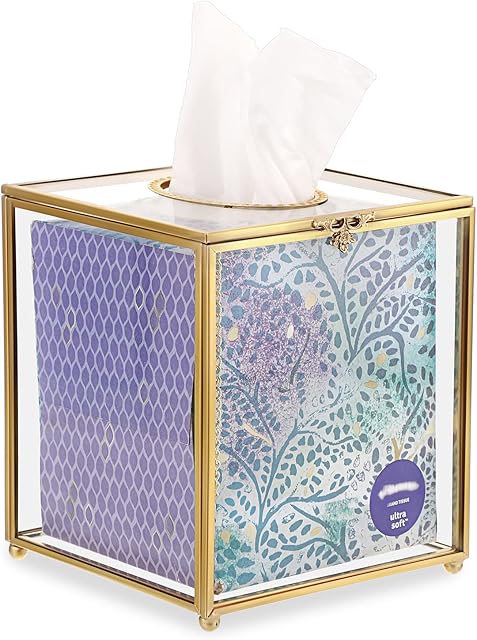 SUMNACON Glass Facial Tissue Box Clear Gold Paper Box Holder, Square Napkin Box Storage Tissue Paper Box Organizer, Decorative Cube Tissue Box for Facial Tissue, Napkin