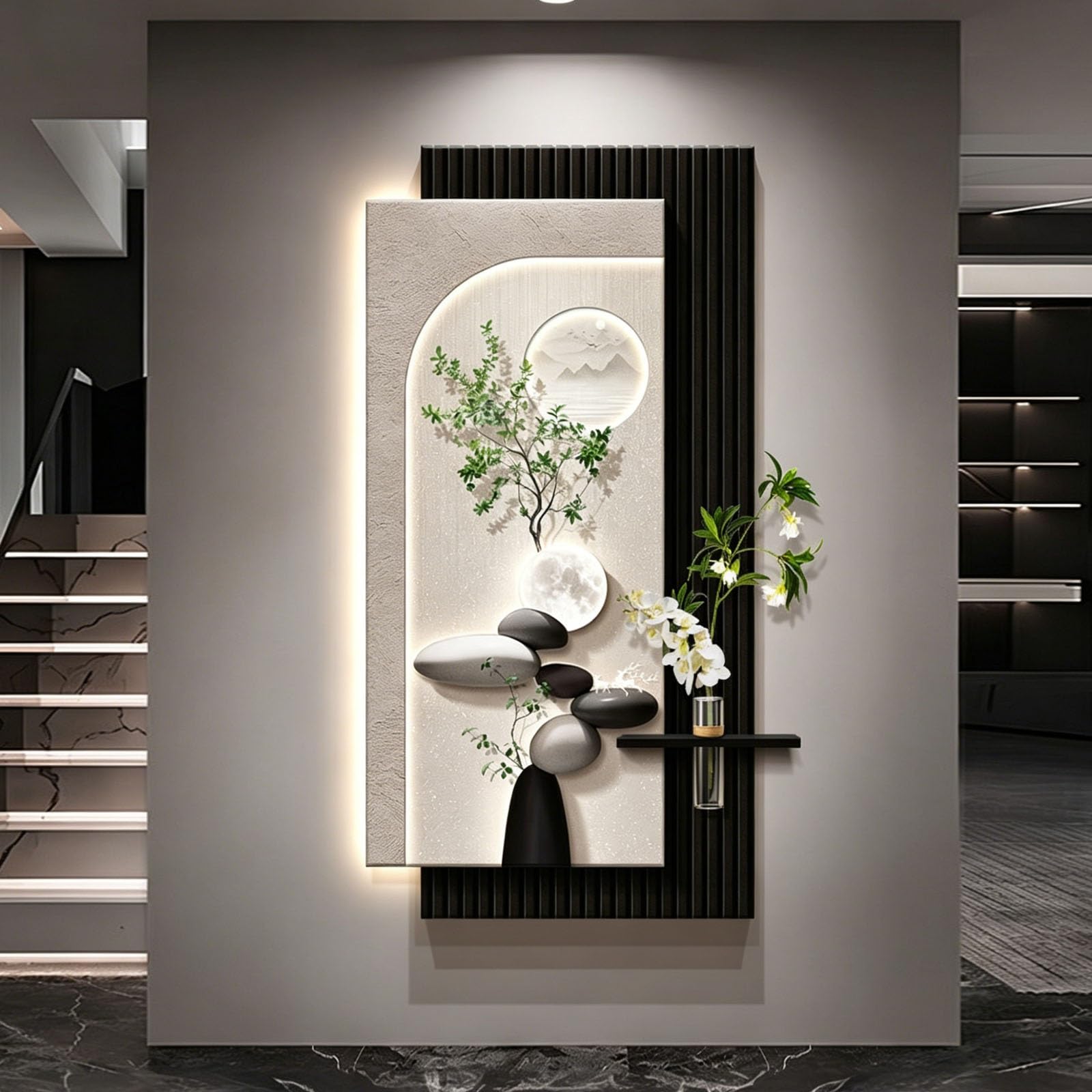 KEIFCUACLA 3D Visual-Effect Sandstone Wall Art,LED Warm-Light Artistic Sculpture (with Shelf And Glass Bottle),Ideal Wall Decor For Living Rooms And Bedrooms(A,70 * 140cm/27.6 * 55.1in)