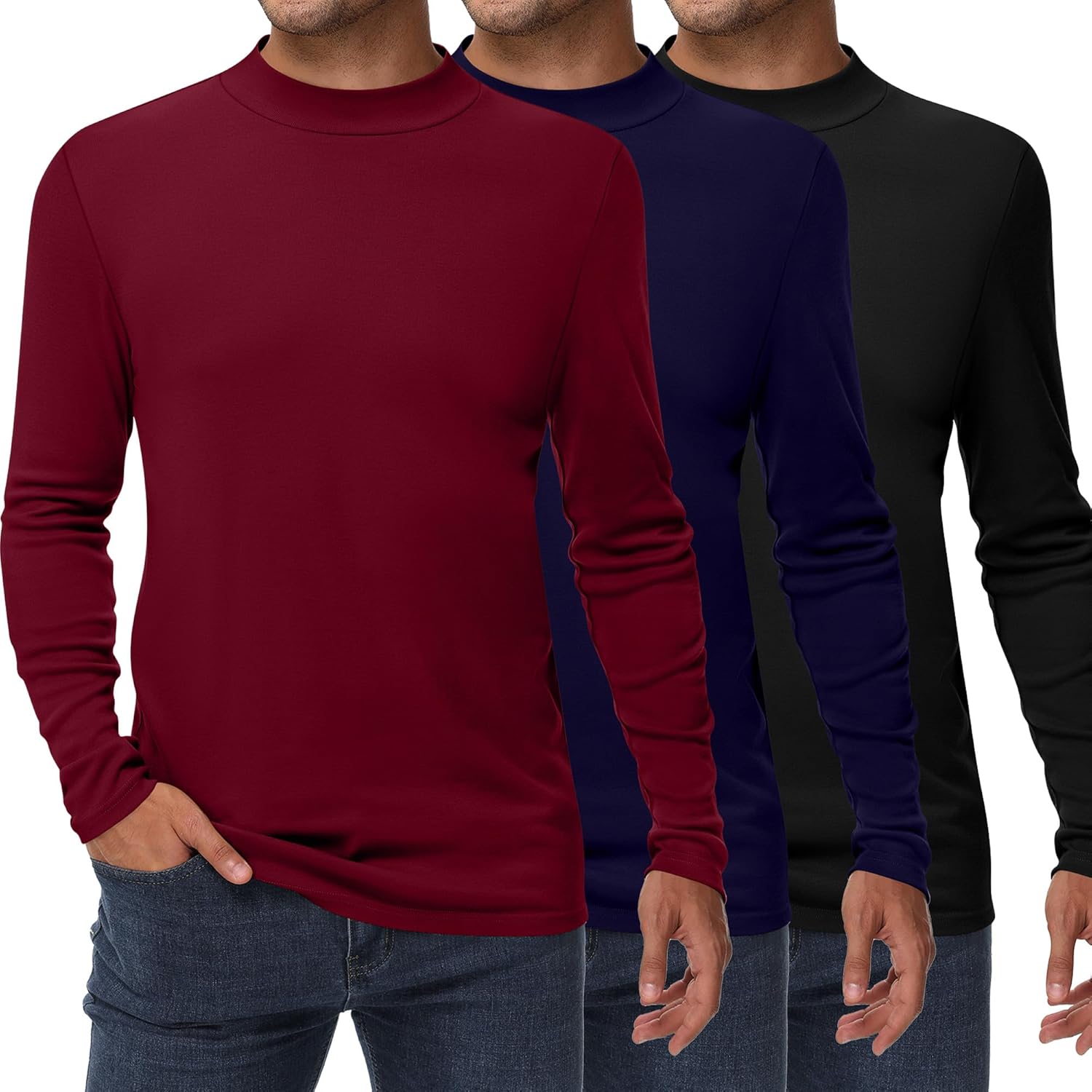 Riyiper 3 Pack Men's Mock Neck Shirts, Long Sleeve Cotton Turtleneck Tops Slim Fit Lightweight Pullover Casual Knit Sweaters - Image 2