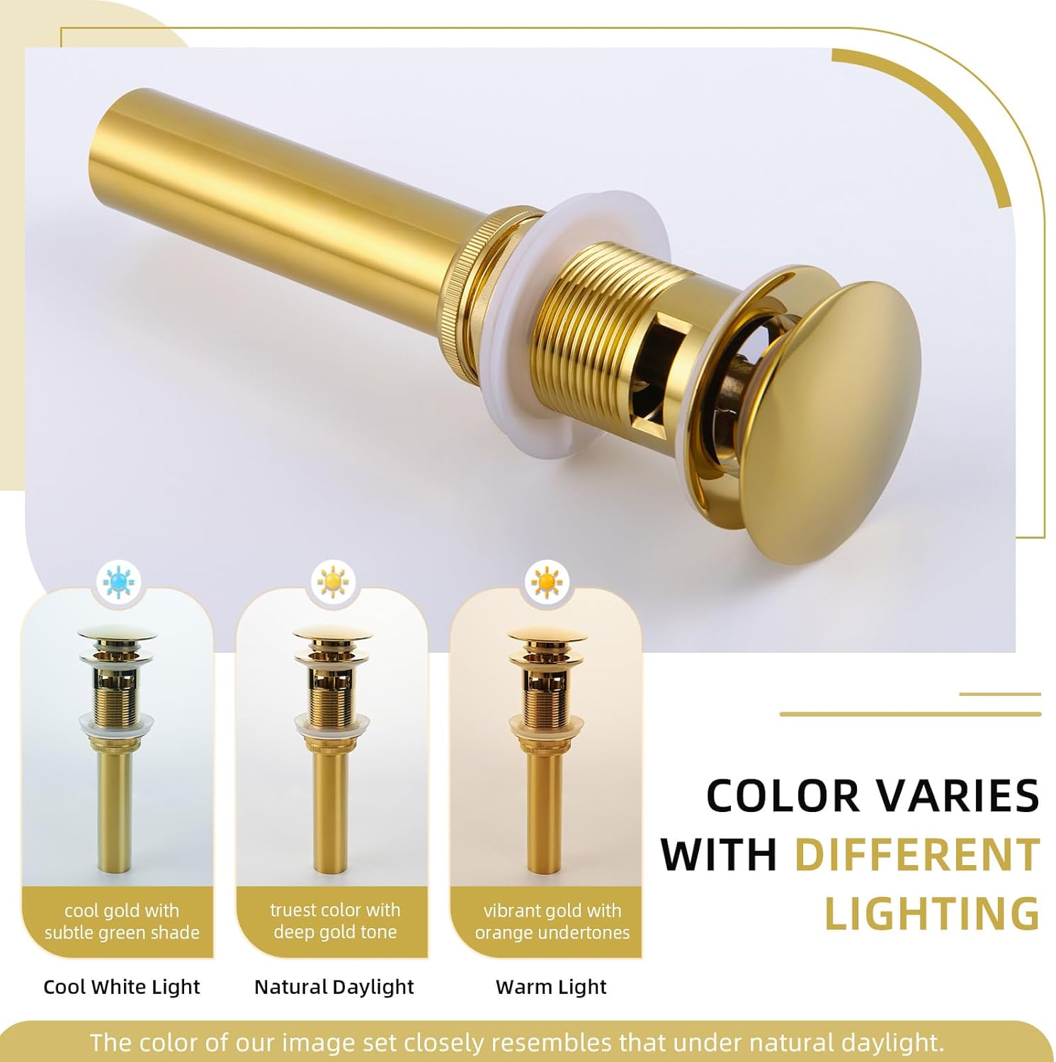 Angle Simple Bathroom Sink Drain Stopper Glossy Deep Titanium Gold Color, Brass Pop Up Sink Stopper with Overflow Hole for Sink with 1.61 to 2 Inches Drain Hole