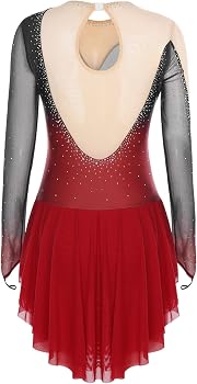 Damen Eiskunstlauf Kleid Langarm Glitzer Ballettanzug Gymnastikanzug Mit Fransenrock