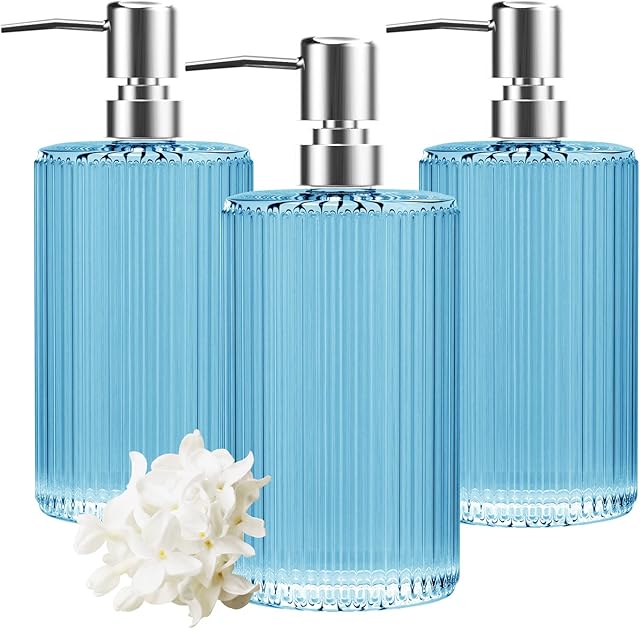 3 Pack Glass Soap Dispenser 17 Oz Versatile Lotion Liquid Soap Dish Dispenser Hand Soap Dispenser with Pump for Bathroom, Countertop, Kitchen, Laundry Room (Blue)
