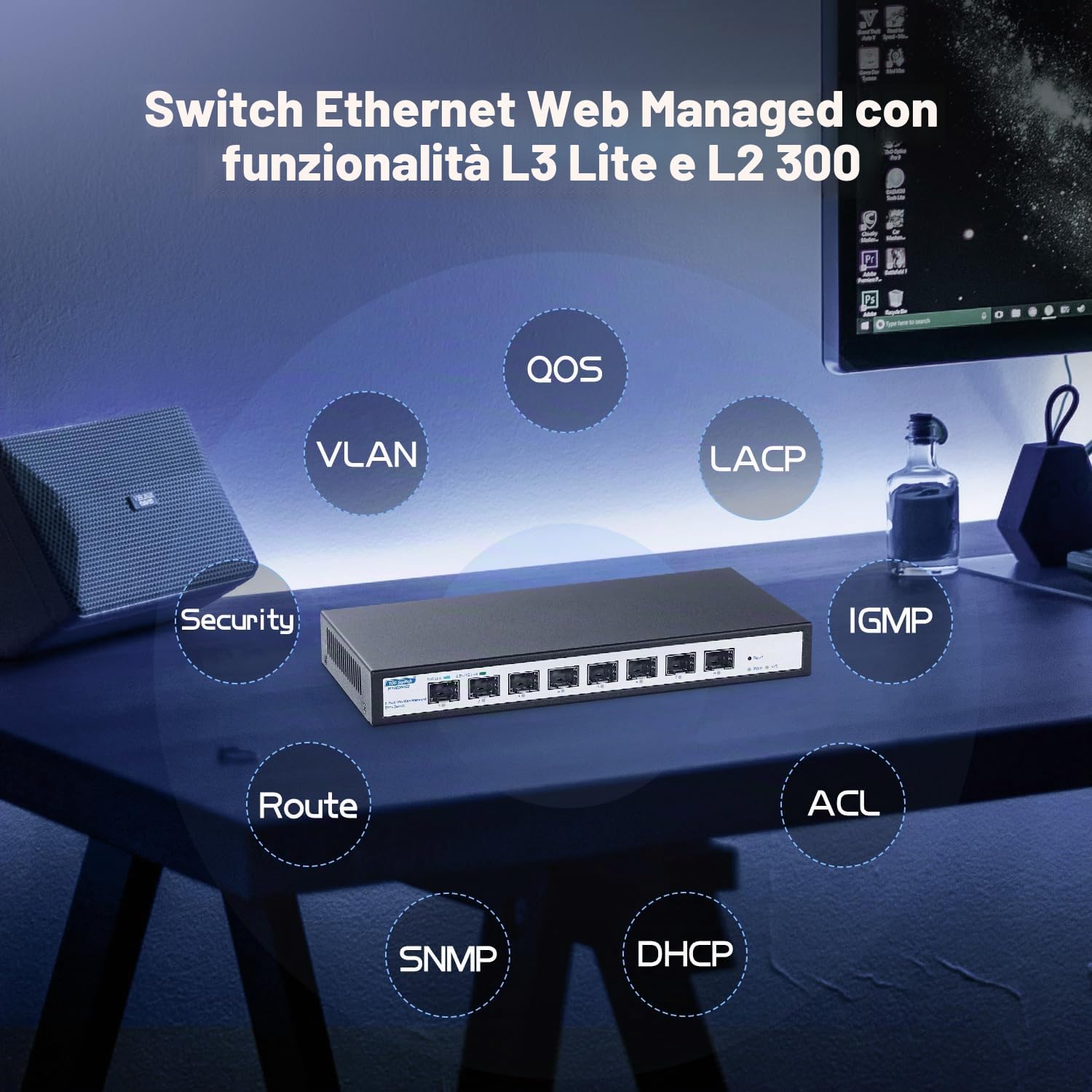 YuLinca Switch gestito a 8 porte 10Gbps SFP+, supporta moduli SFP 1G/2.5G/10G, larghezza di banda 160Gbps, desktop|Wallmount metallo Managed Fiber Switch