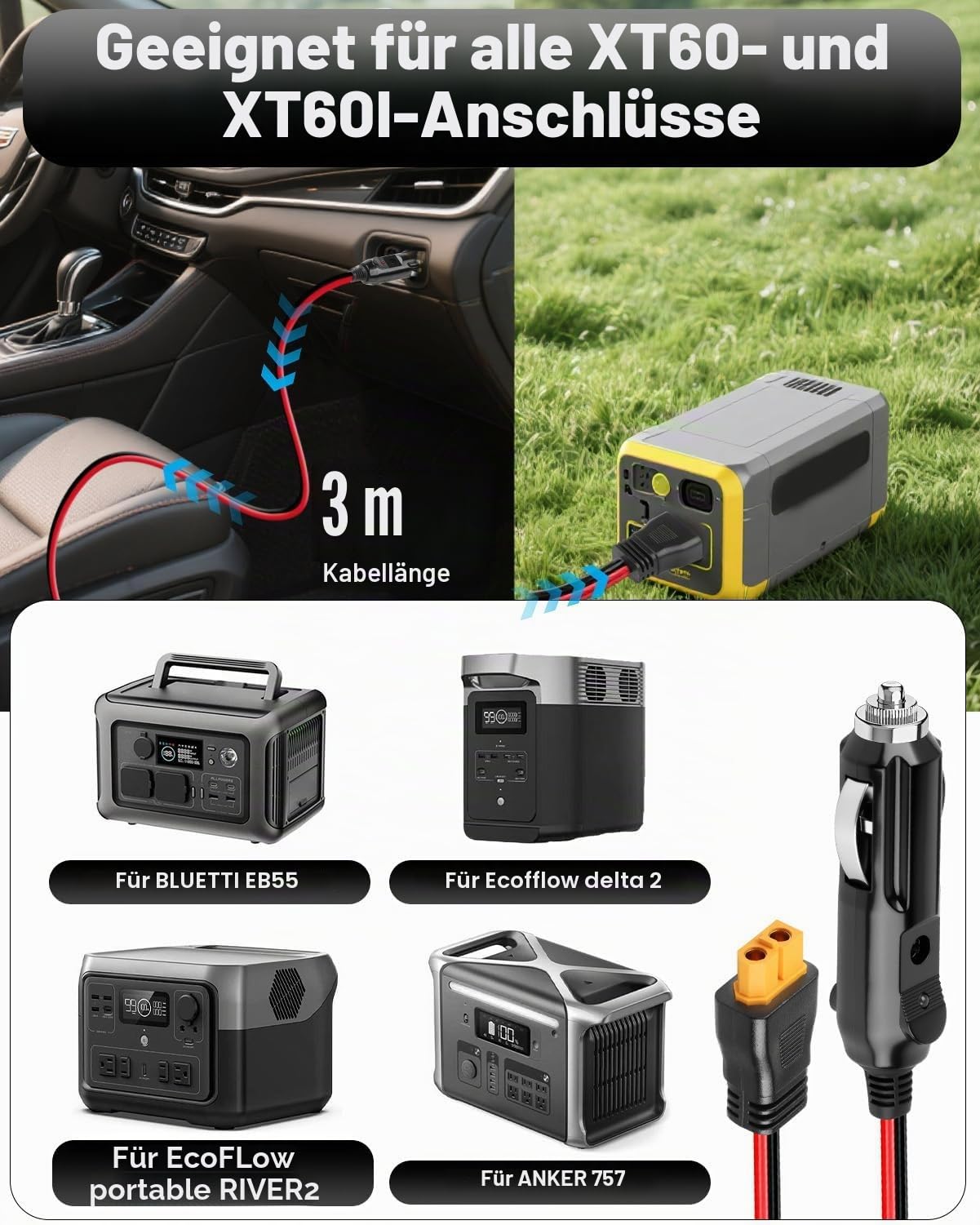 12V/24V DC Adapter XT60 für ECOFLOW, 3M Autoladegerät auf XT60 für DELTA Delta 3 2 Max Bluetti EB55 Anker 757 767 SOLIX C200 C300 C1000 Powerstation Solargenerator XT60 Stecker 16AWG Autoladekabel