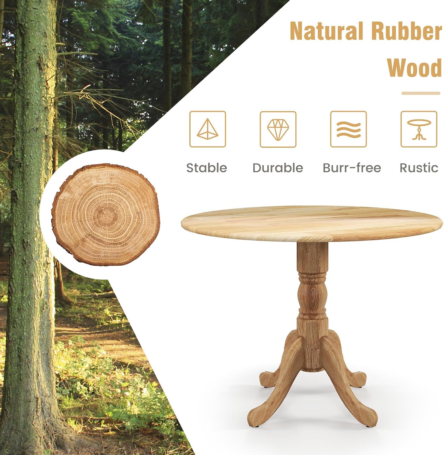Round Dining Table, Kitchen Table Solid Wood for 4 People, Dining Room Table for Kitchen and Dining Room, 100 x 100 x 73 cm (Natural)