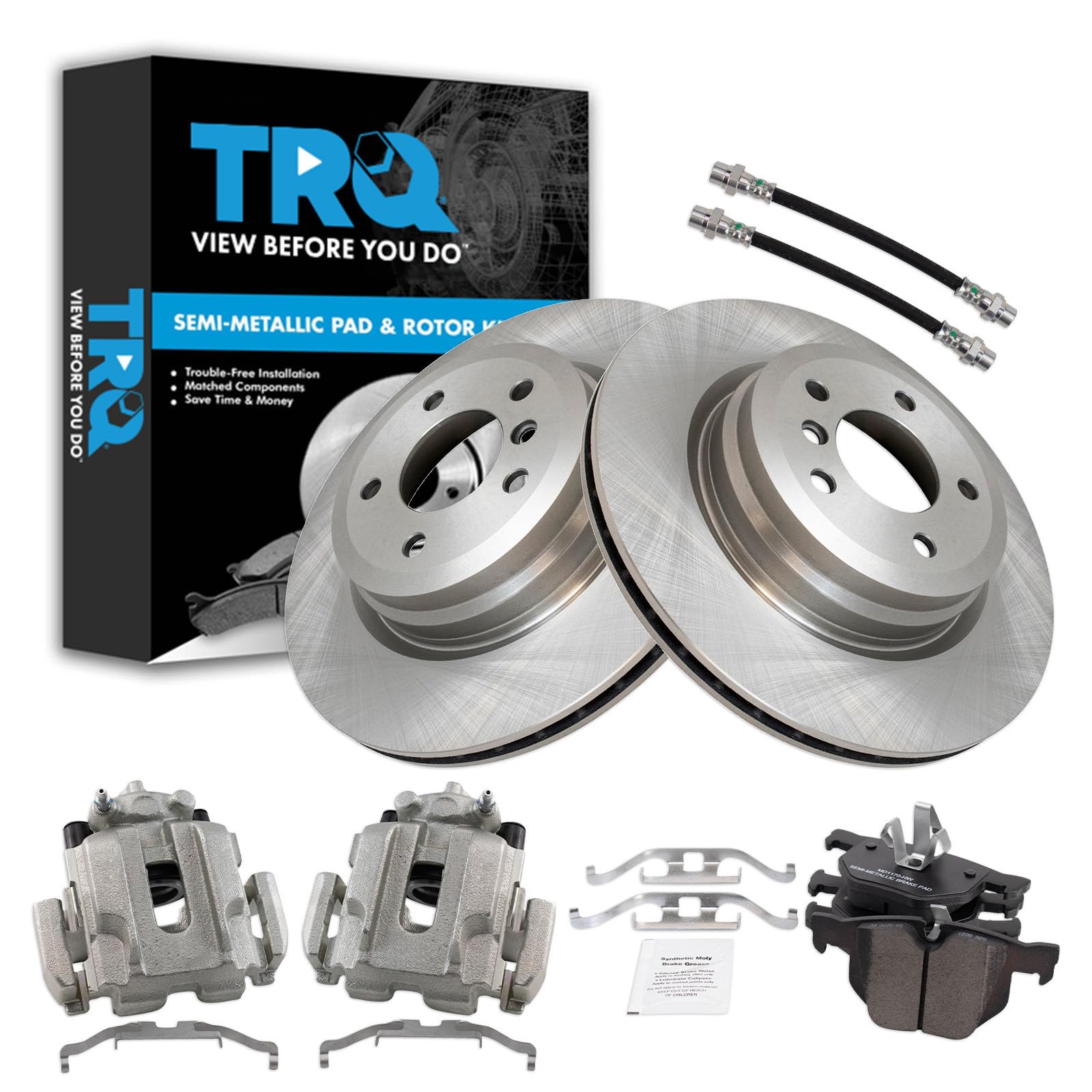 TRQ Rear Brake Pad and Rotor Set Semi Metallic Calipers Compatible with 2006 BMW 330i 330xi 2009-2011 335d 2007-2013 335i 2011-2013 335is 2007-2008 335xi