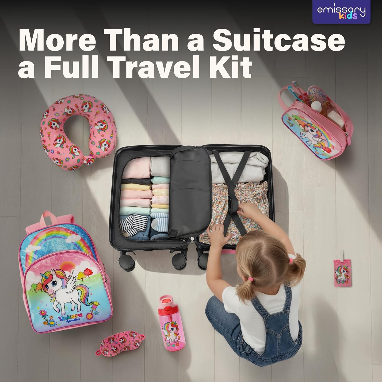 emissary 7pcs Unicorn Girl’s Luggage Set with wheels – Rolling Luggage, Backpack, Eye Mask, Toiletry Bag, Suitcase Tag, Neck Pillow & Water Bottle – Carry Luggage for Kids & Girls with Wheels