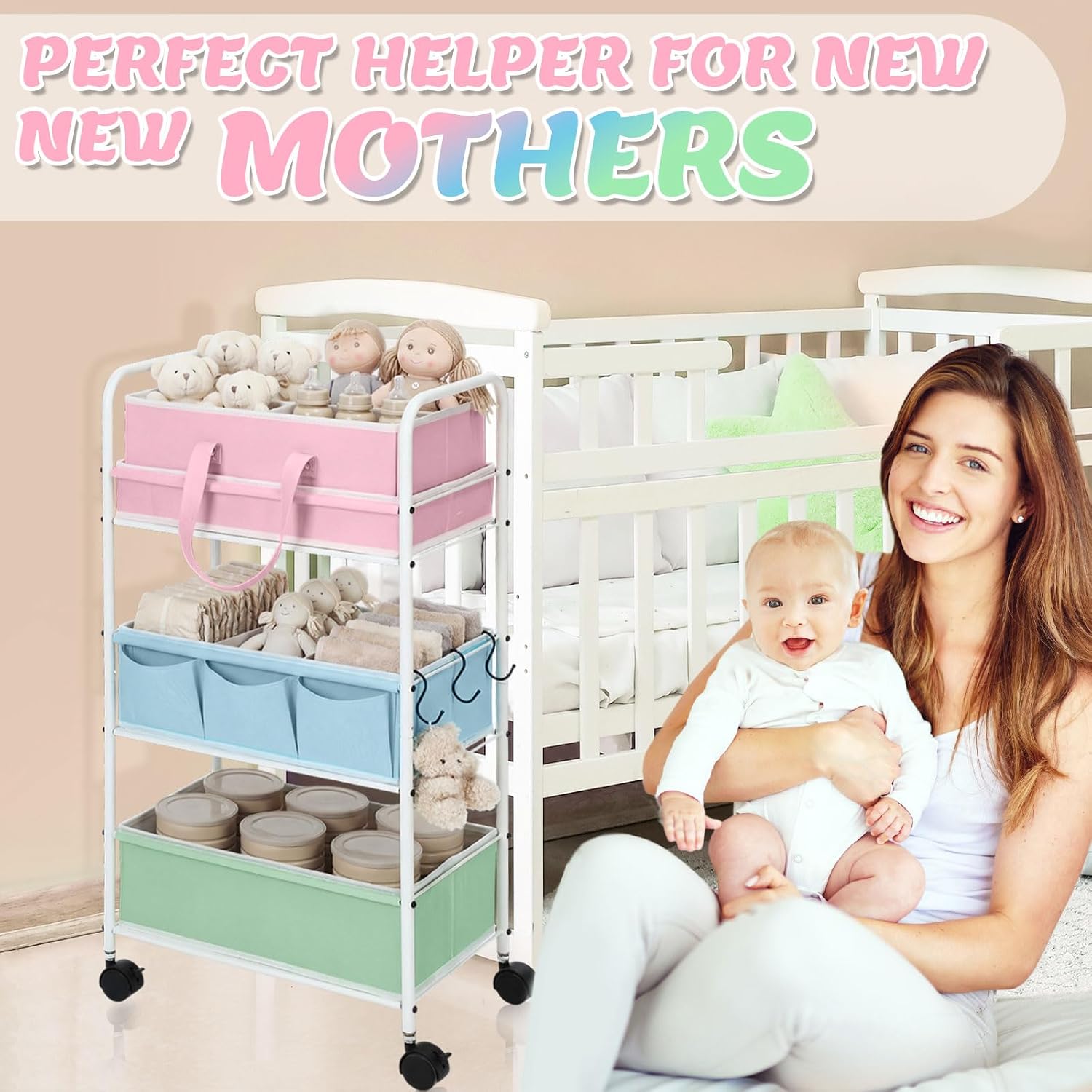 Honeydak 2in1 Baby Diaper Caddy Organizer Cart 3 Tier Large Capacity Metal Utility Bedside Rolling Cart with Divider Newborn Registry Nursery Essential Must Have Crib Bedroom Baby Shower(Colorful)