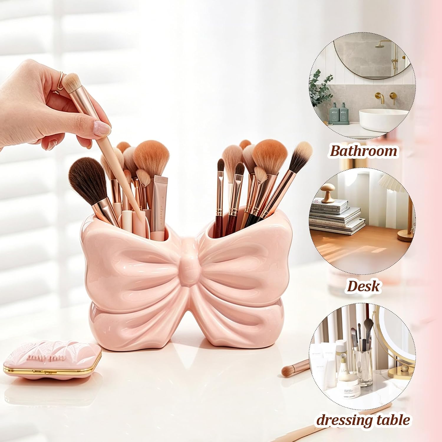 Bow Toothbrush Holder, Cute Ceramic Toothbrush Holder Set, Bow Bathroom Decor Accessories, Available in Pink, Green, Purple, Countertop Vanity Organizer for Home Bathroom Decoration (Light Green)