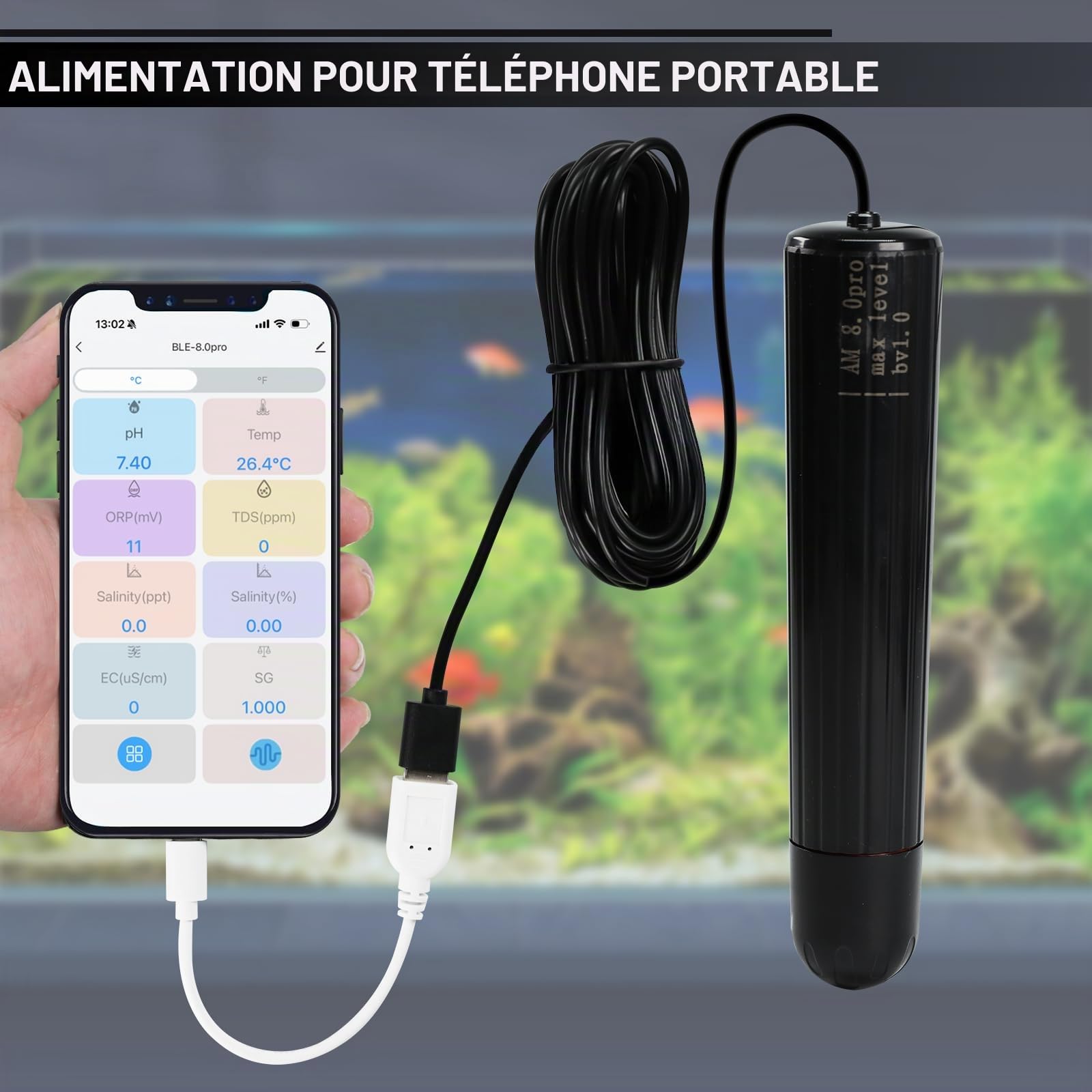 Testeur de qualité de l'eau WiFi 7 en 1 Smart Water Quality Monitor Sonde PH/ORP/TDS/EC/Salinité/SG/Temp pour Aquarium, Hydroponie, Aquaculture, Surveillance des données via App