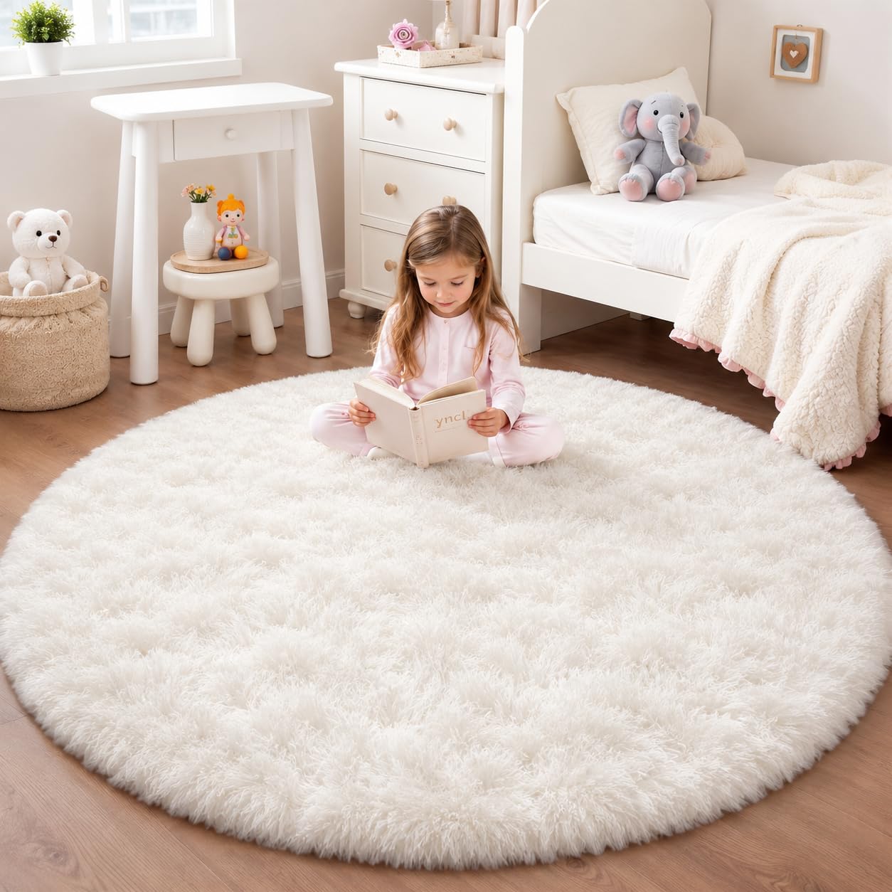 JOYARR Round Rug Kids Room Bedroom Nursery, Fluffy Soft Shaggy Washable Anti-Slip Modern Decor Carpet, Solid White, 160 cm