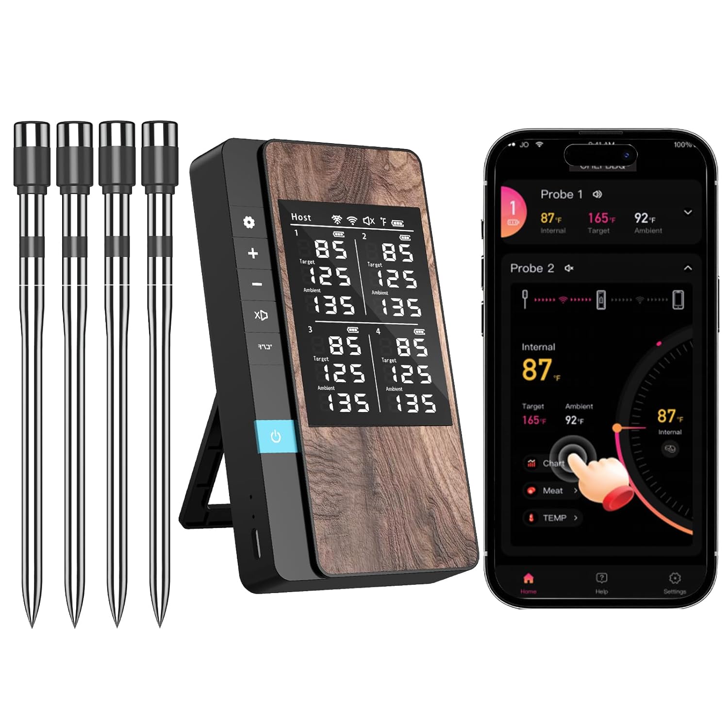 AI Smart Wireless Meat Thermometer, 10X Enhanced Signal and Stability, with 2 Probes High-Accuracy Sensors, Standalone Display Base, Instant Read LCD & App Control for Kitchen,BBQ,Oven,Grill