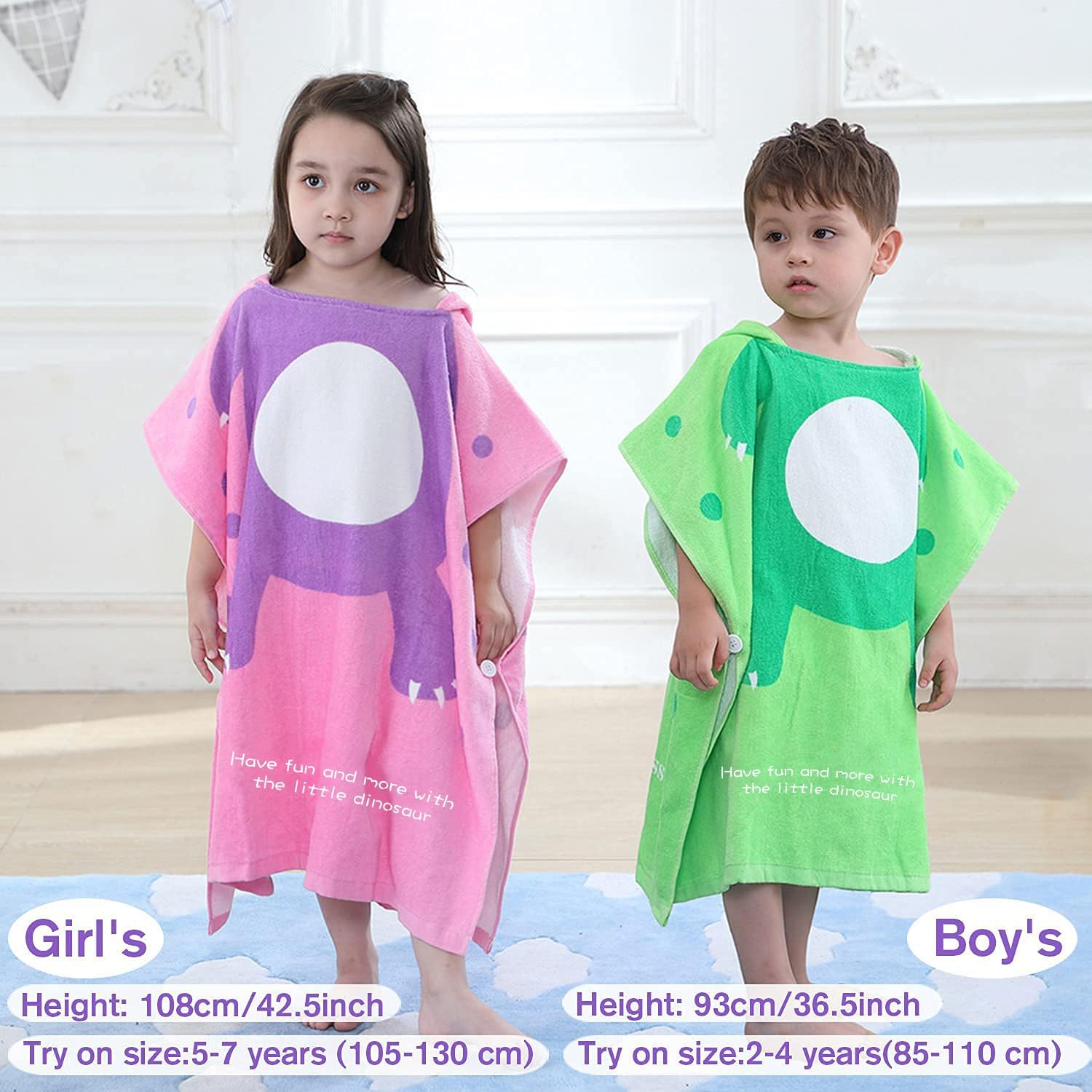 LOLANTA Children's Bath Towels with Hooded Dinosaur, Boys Beach Towel Pool Poncho Swim Cover-Ups 100% Cotton (Green#A-New,4-6 Years)