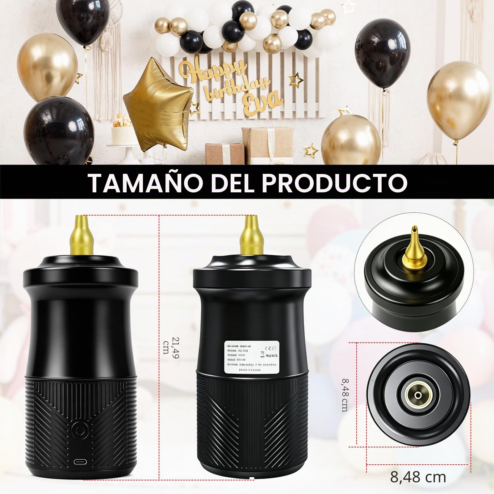 Inflador Globos Eléctrico Portátil, Hinchador Globos Electrico con Batería de 2000 mAh y 3 Boquillas, Bomba Aire Globo Eléctrica para Fiestas Bodas Cumpleaños Actividades y Decoración Festivales
