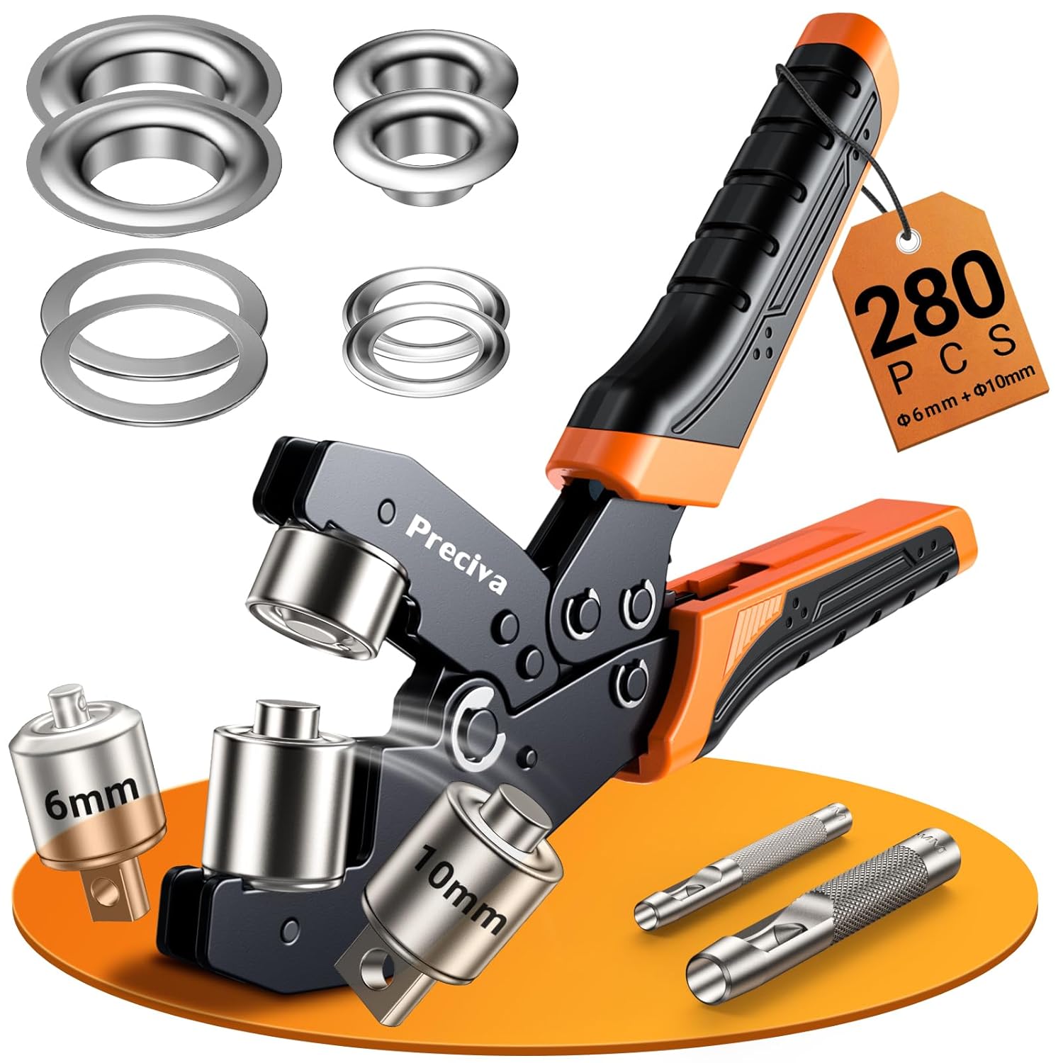Preciva Grommet Tool Kit of 3/8" and 1/4", Interchangeable Double Head Handheld Grommet kit with 280pcs Eyelets and Grommets for Tarp Leather Fabric